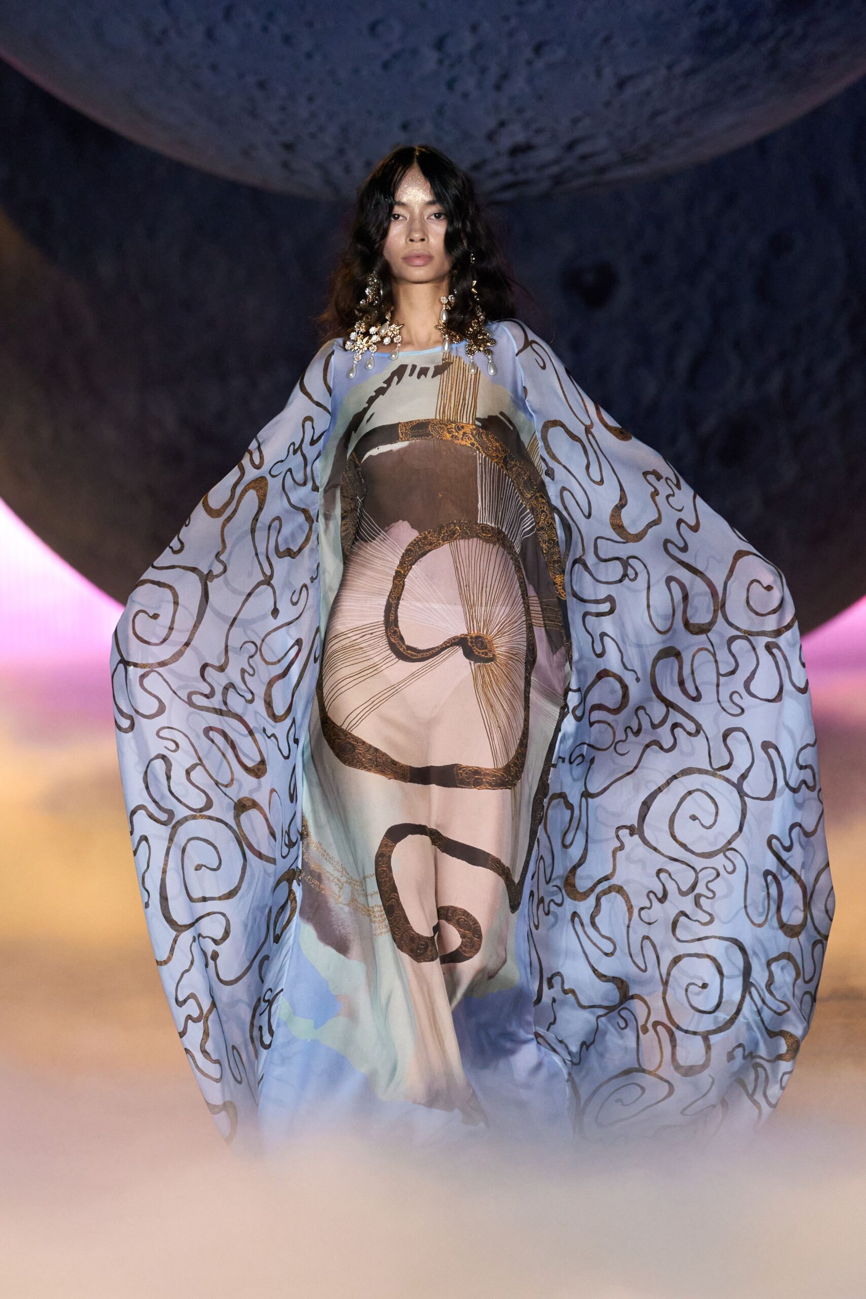 blue silk oversized draped flowing cape