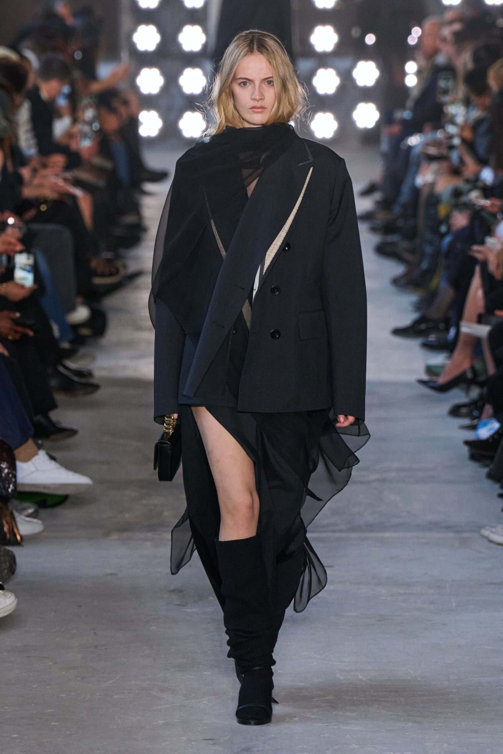black oversized coat and fitted dress