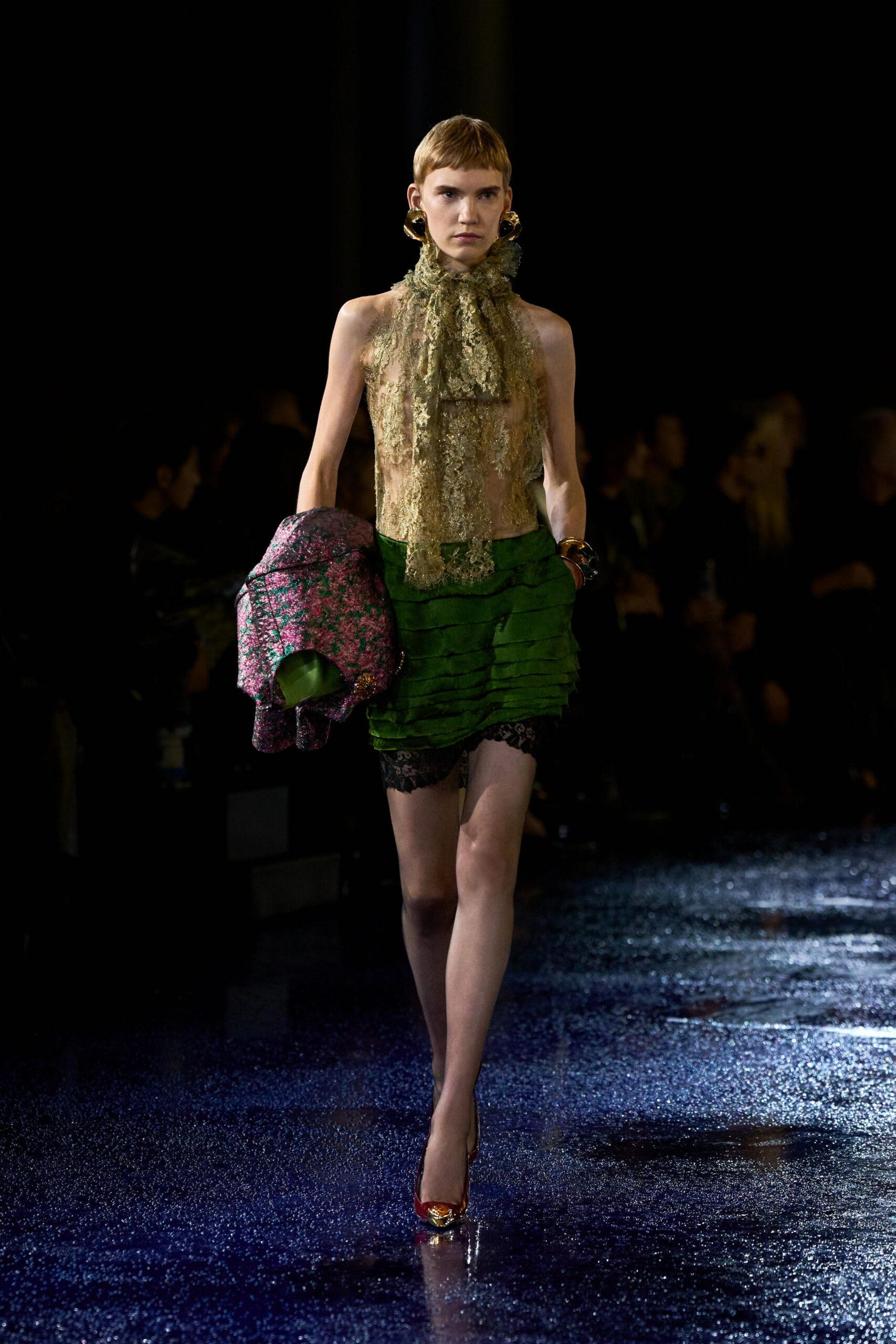 green silk sleeveless high-neck fitted ruffled layered dress