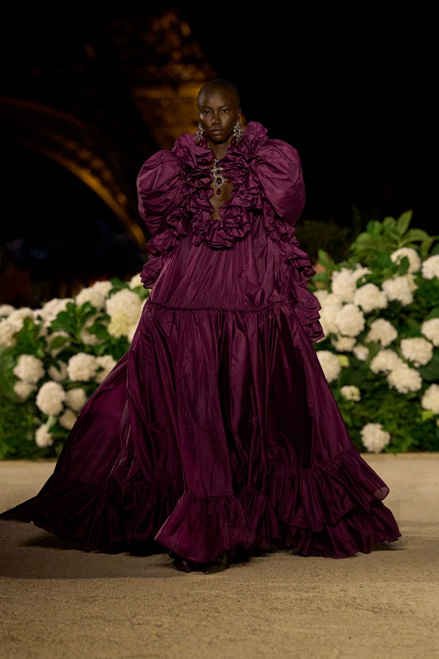 purple silk off-shoulder gown
