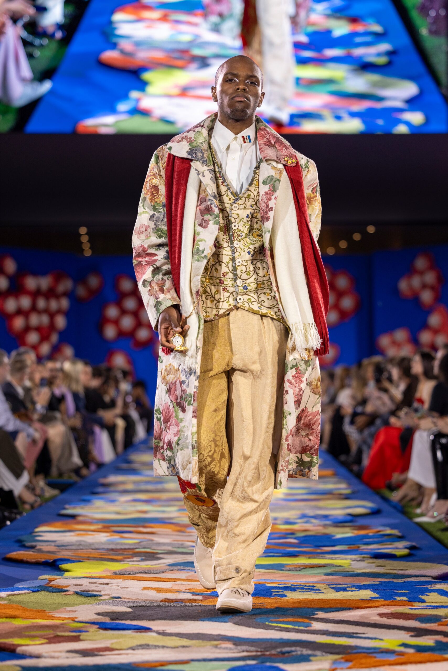 multi floral coat with gold vest