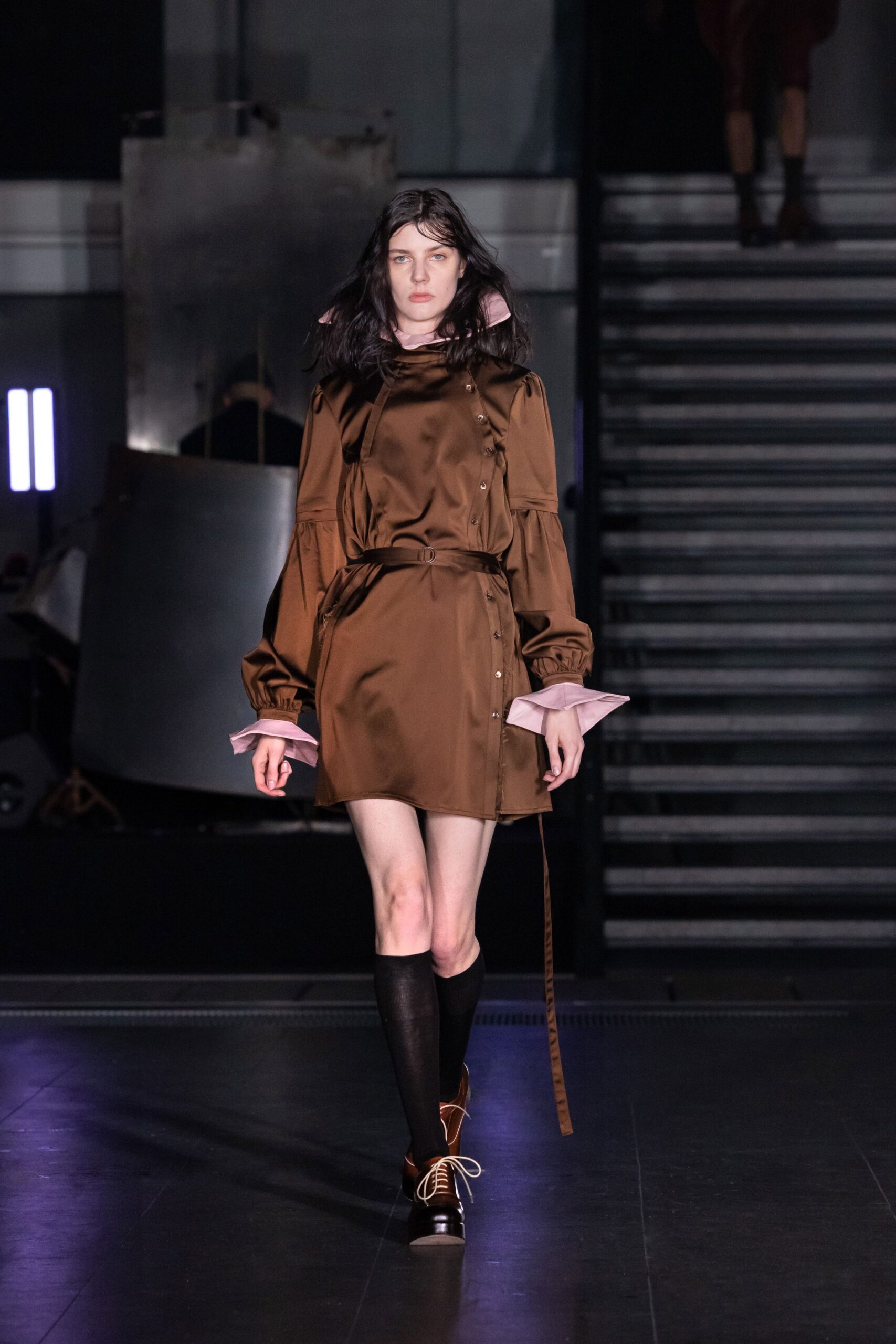 brown silk long-sleeve collared fitted buttoned pleated dress