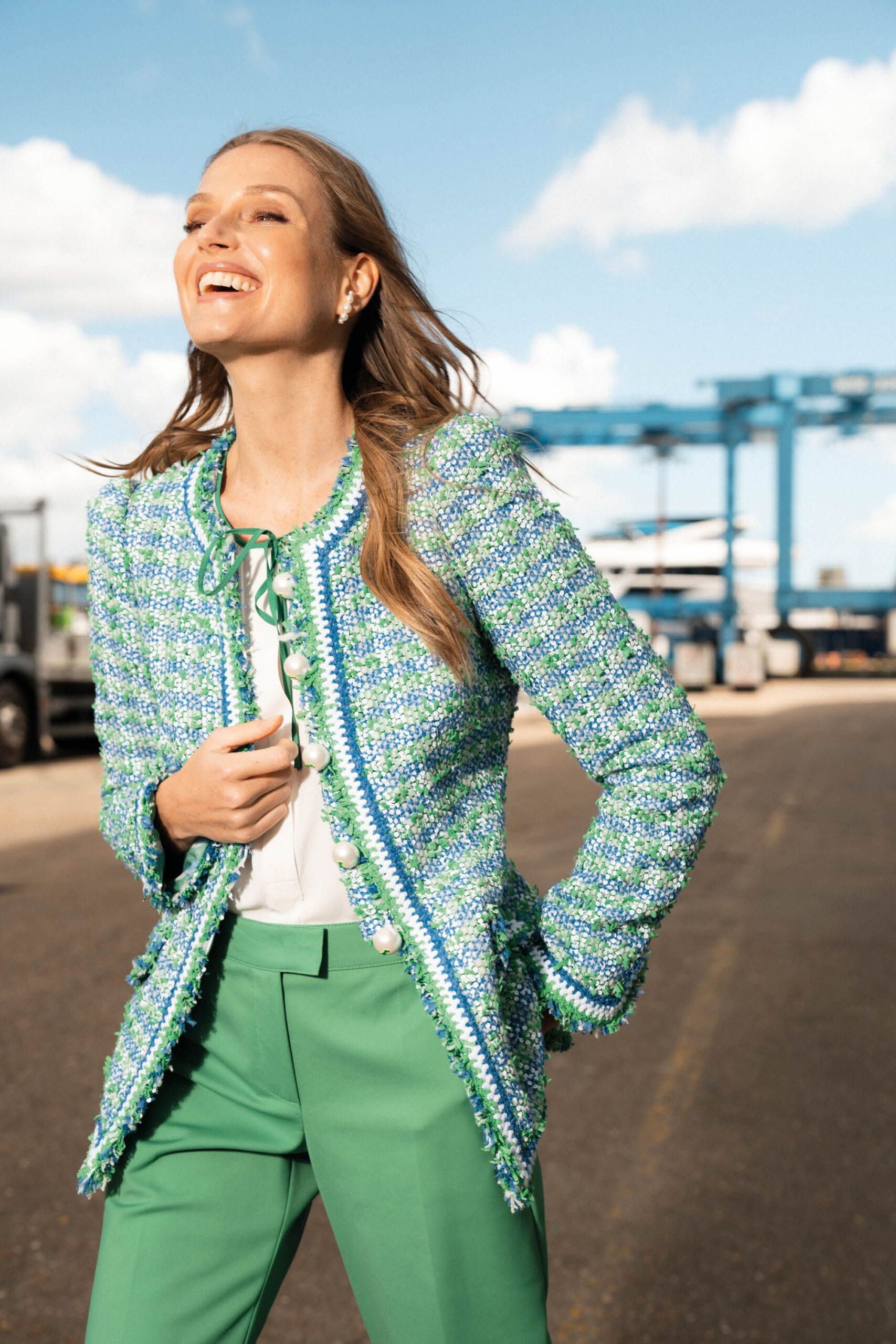 blue tweed long-sleeve collared tailored buttoned layered blazer
