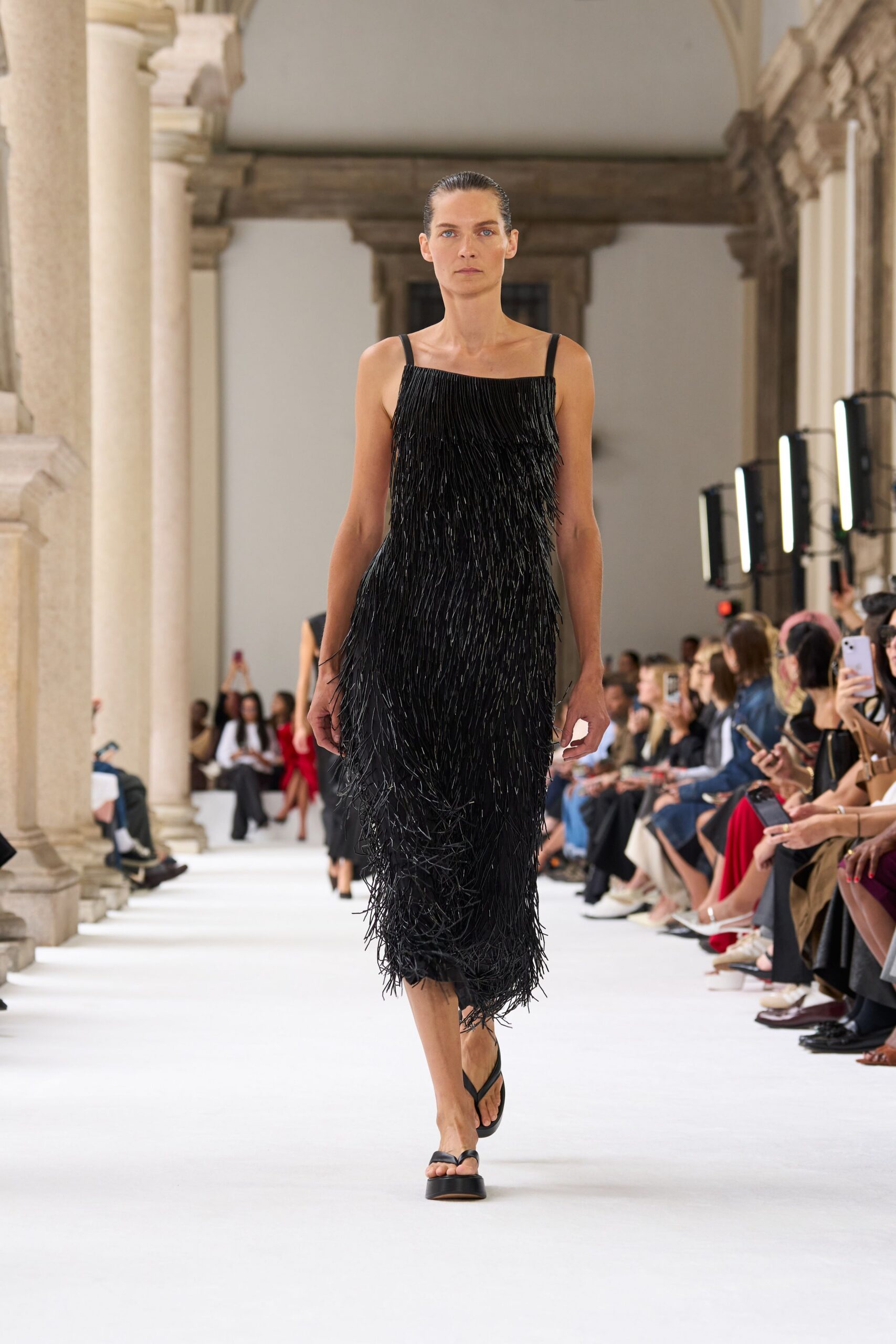 black fringed midi dress with sandals