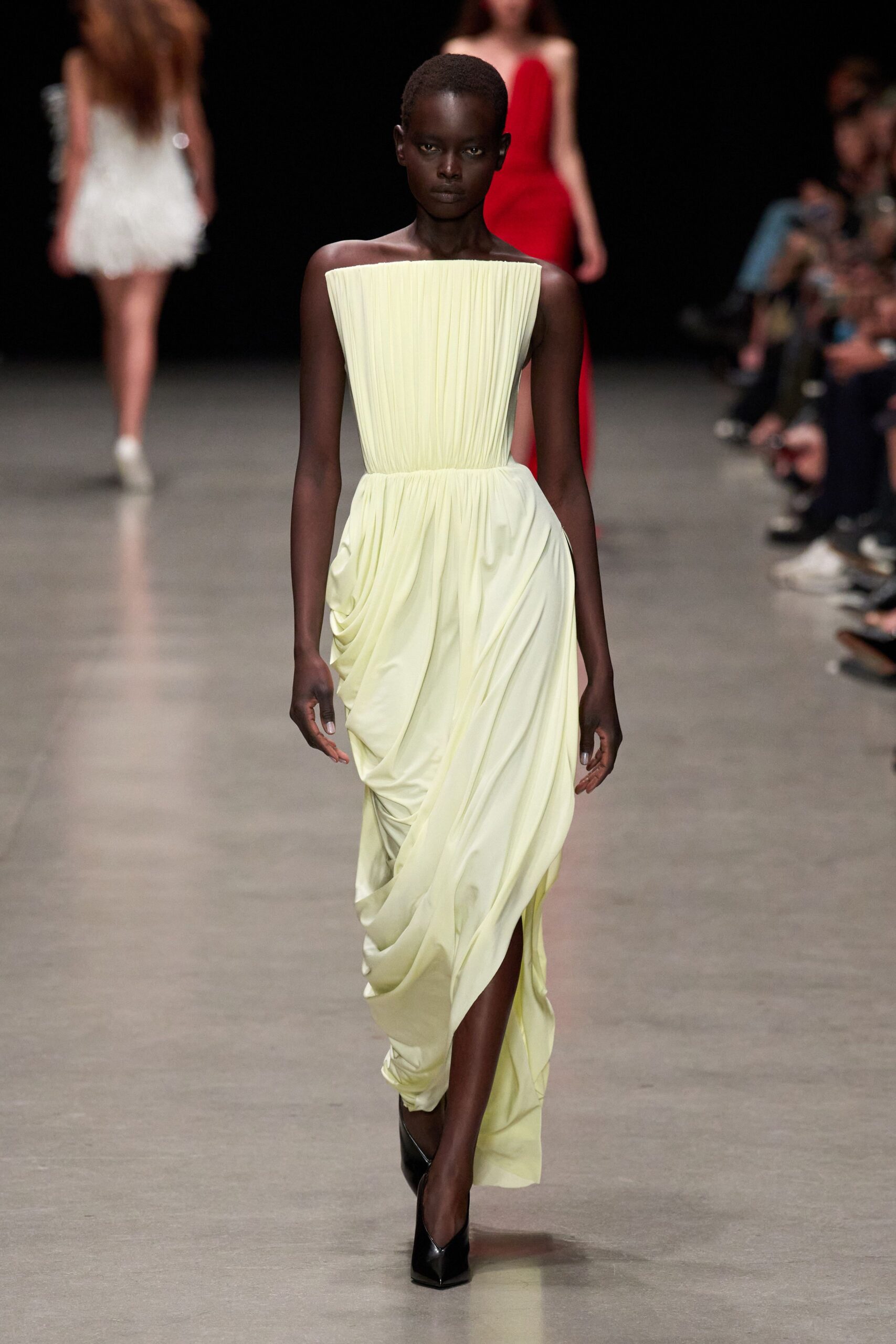 yellow silk sleeveless off-shoulder fitted pleated draped gown