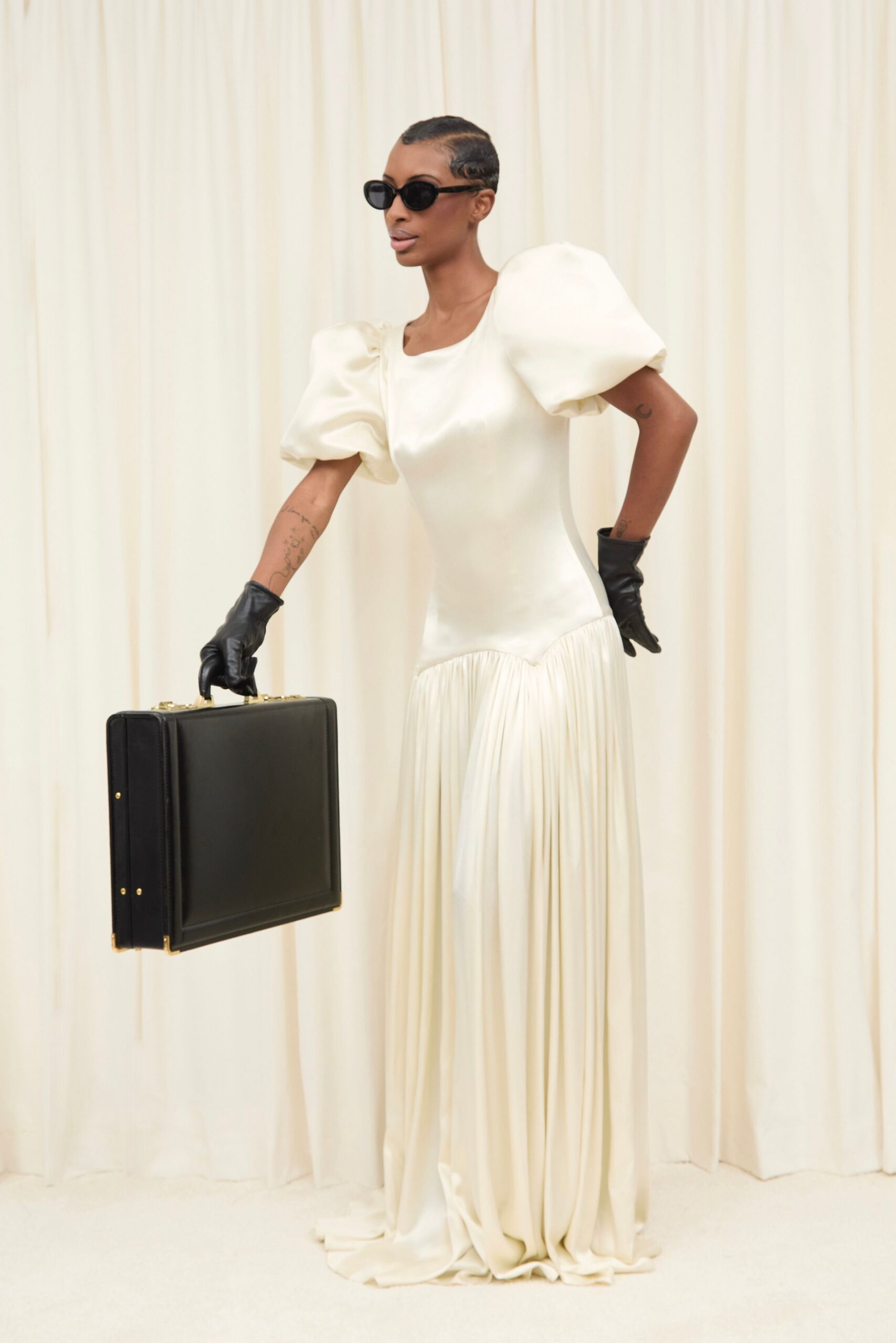 ivory silk short-sleeve fitted pleated flowing maxi gown