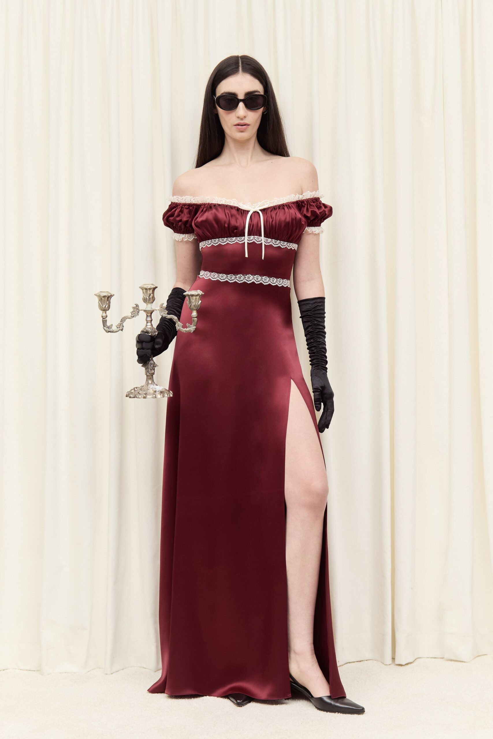 red silk off-shoulder slit fitted ruffled beaded gown