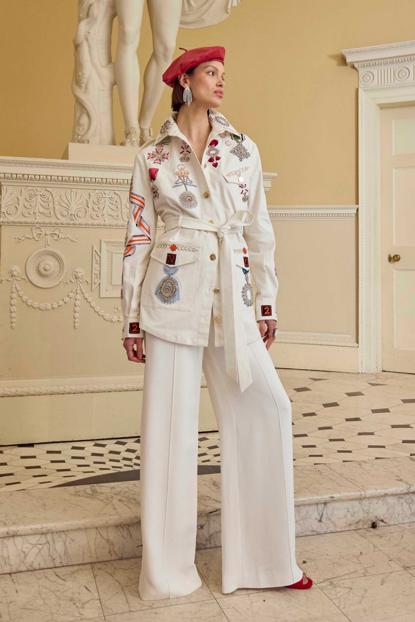 white embroidered shirt with wide-leg pants