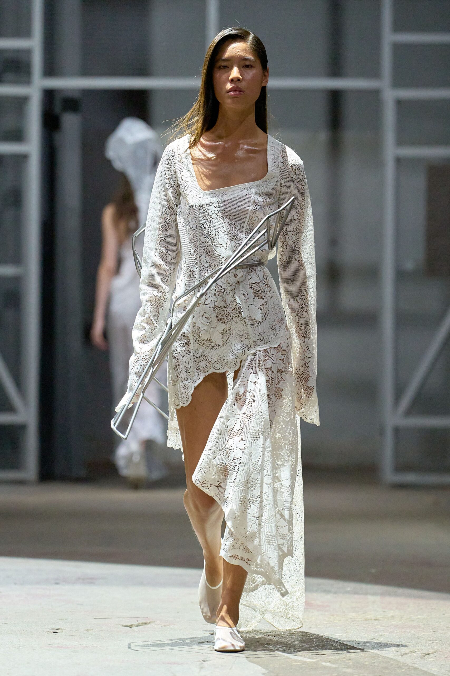 white lace long-sleeve v-neck fitted layered sheer dress