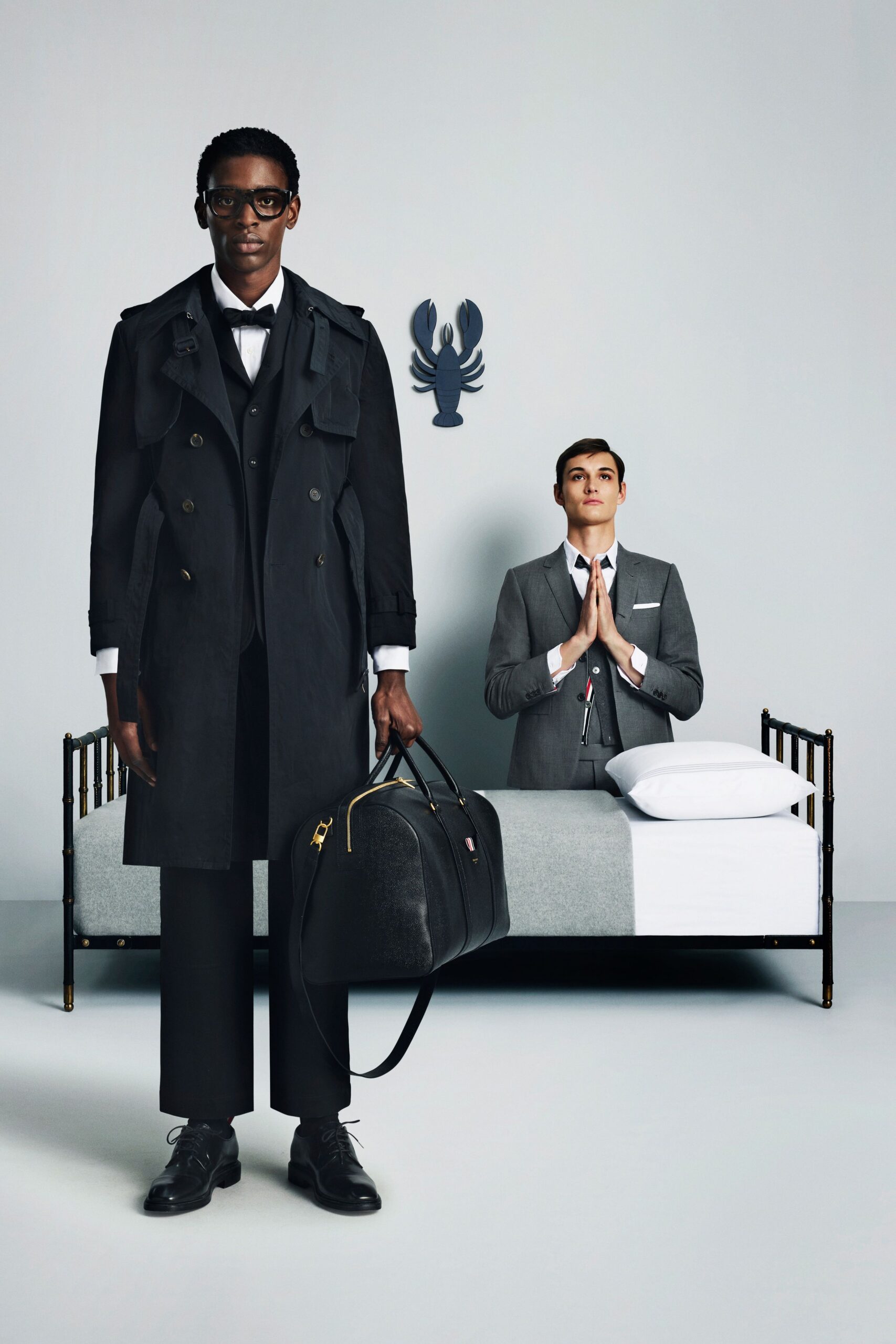black coat gray suit