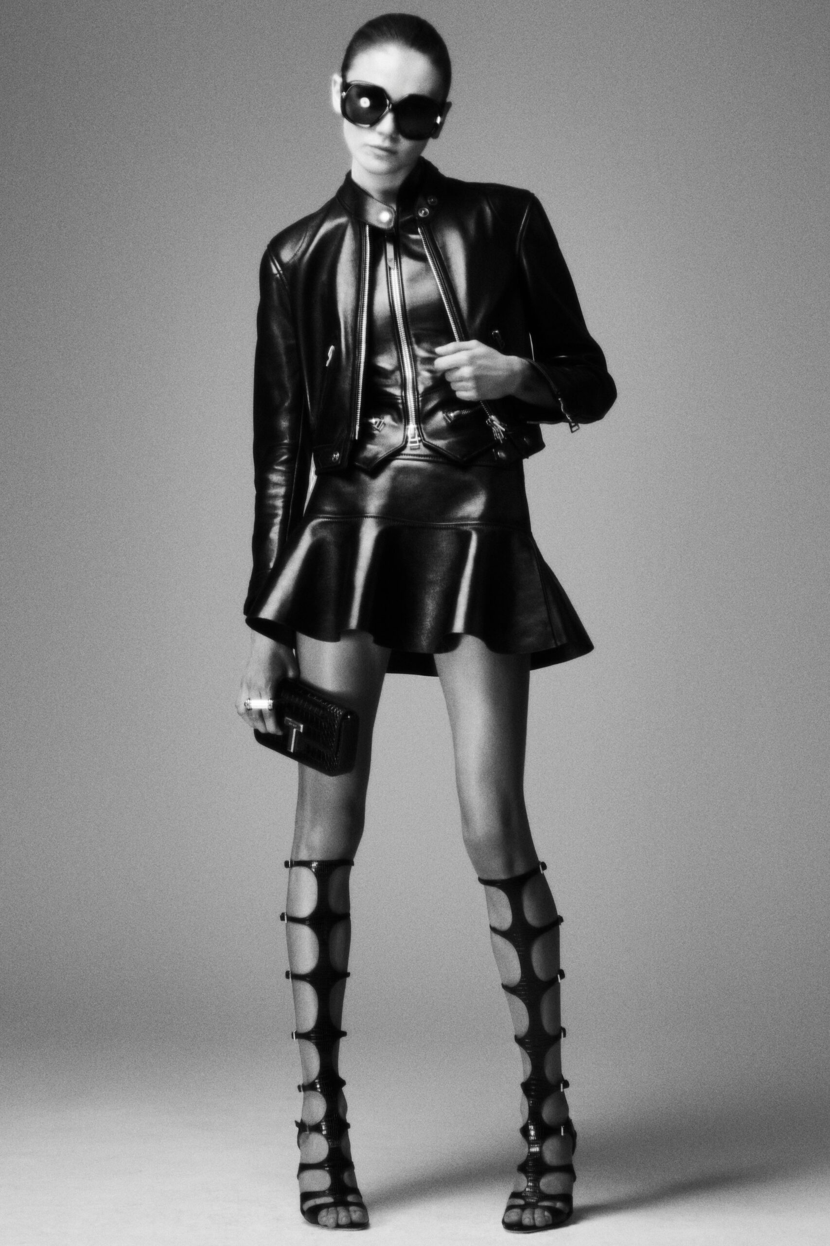 black leather fitted flared mini skirt
