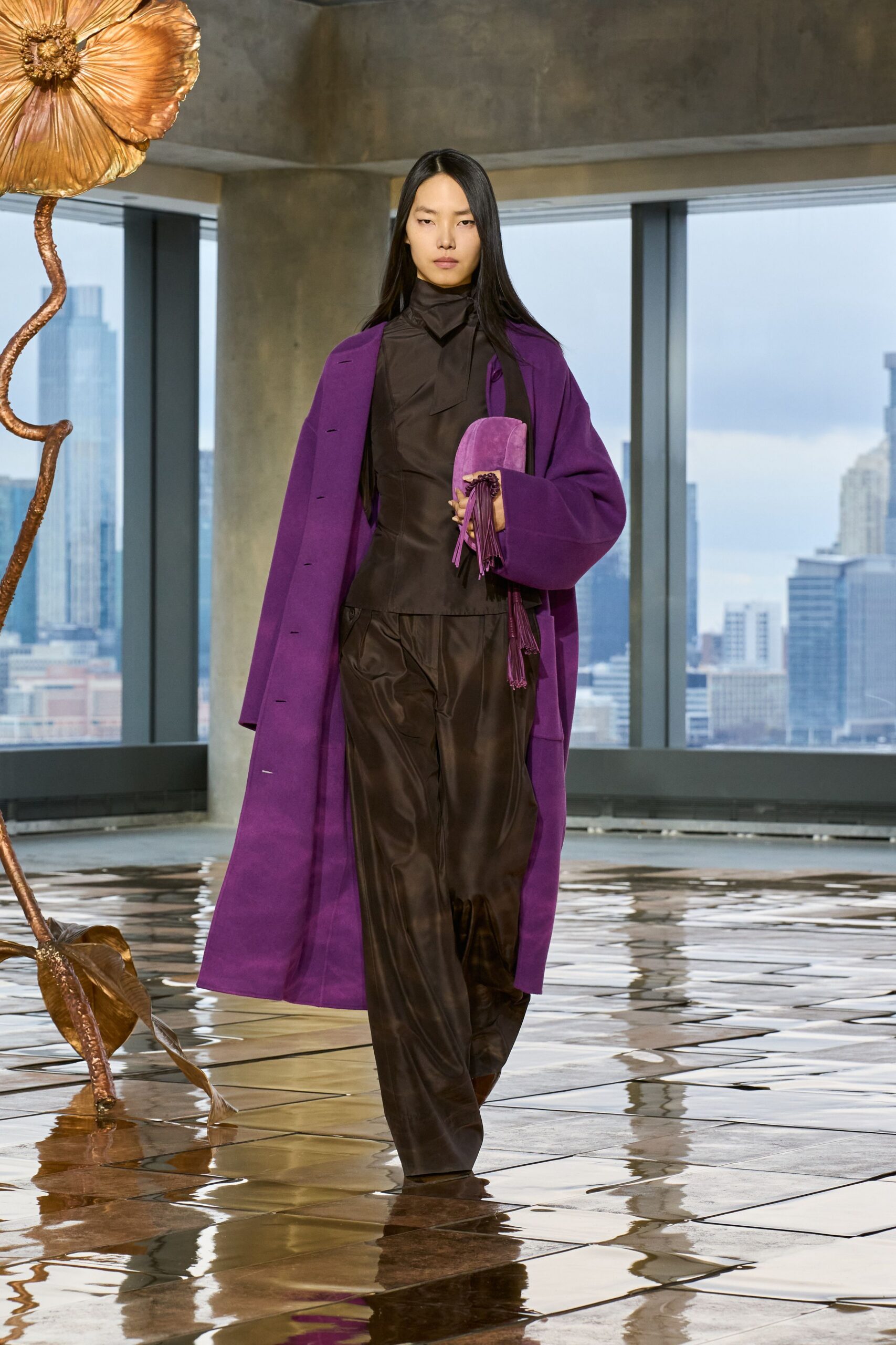 purple wool long-sleeve collared relaxed coat