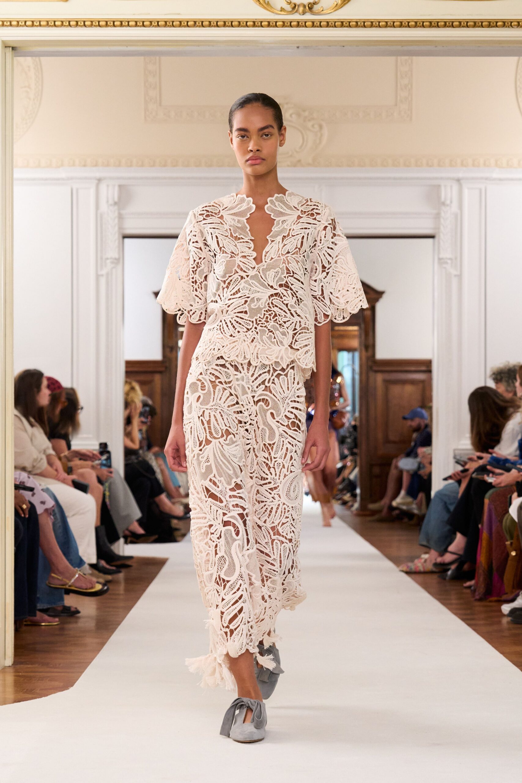 beige lace short-sleeve v-neck fitted embroidered tiered dress