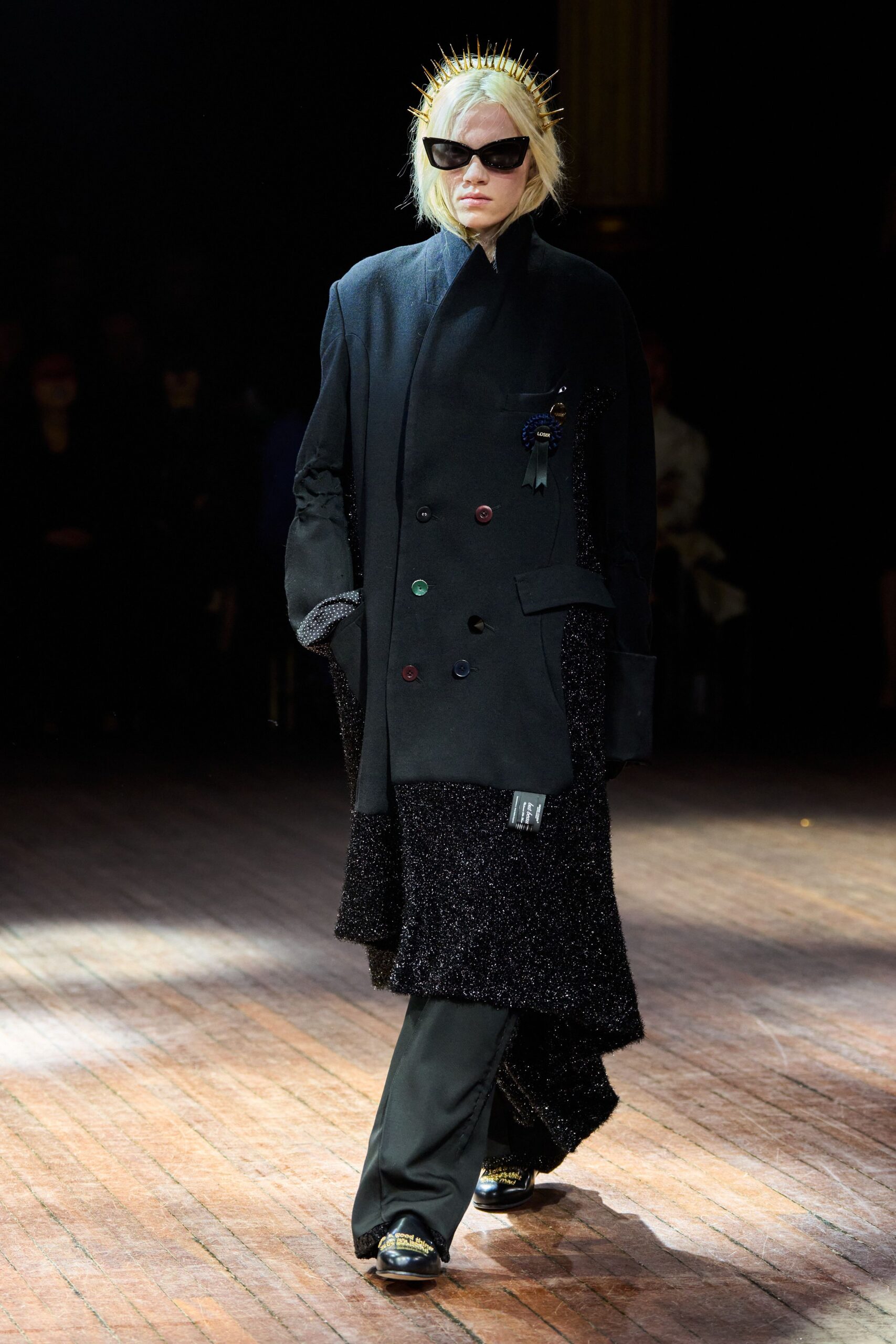 black wool coat with embellished pants