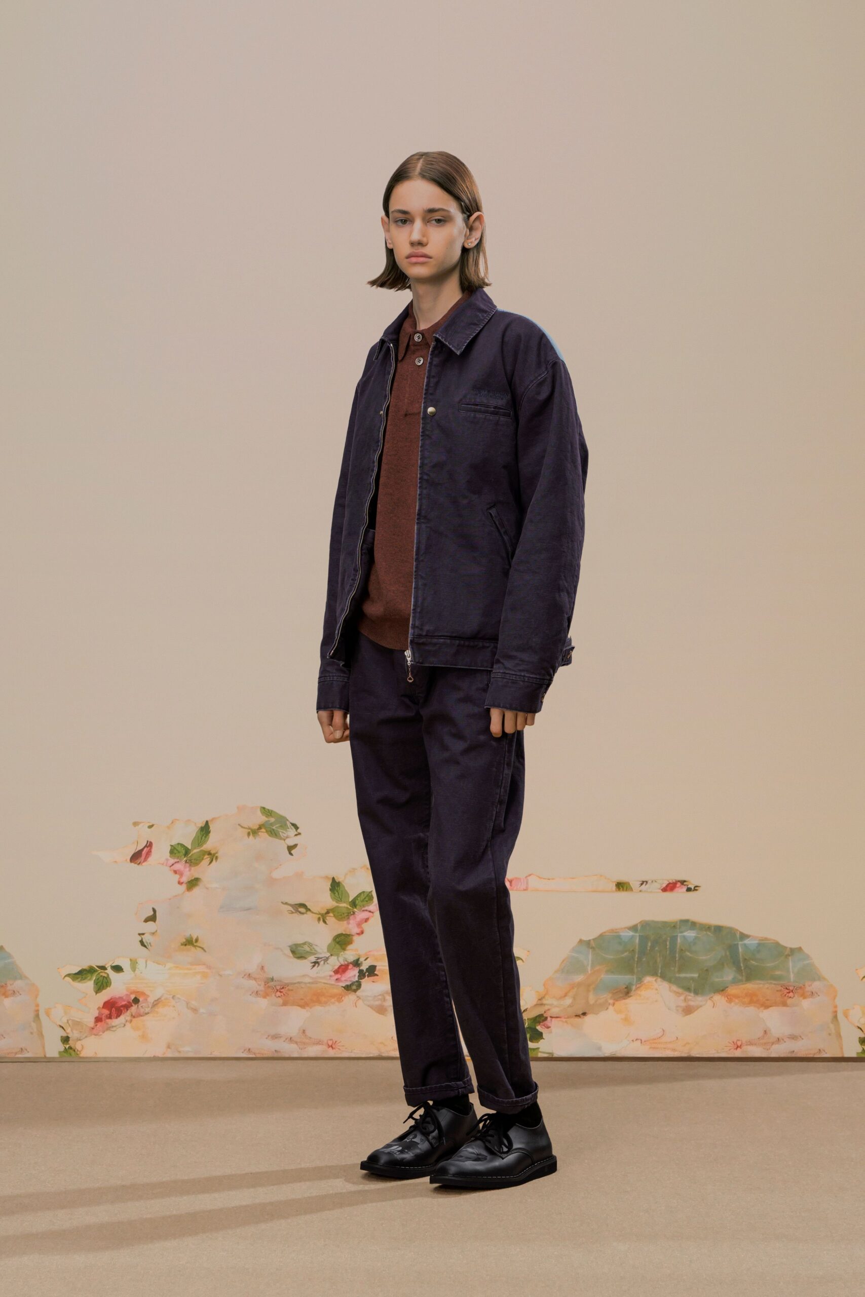 blue cotton relaxed jacket with brown shirt