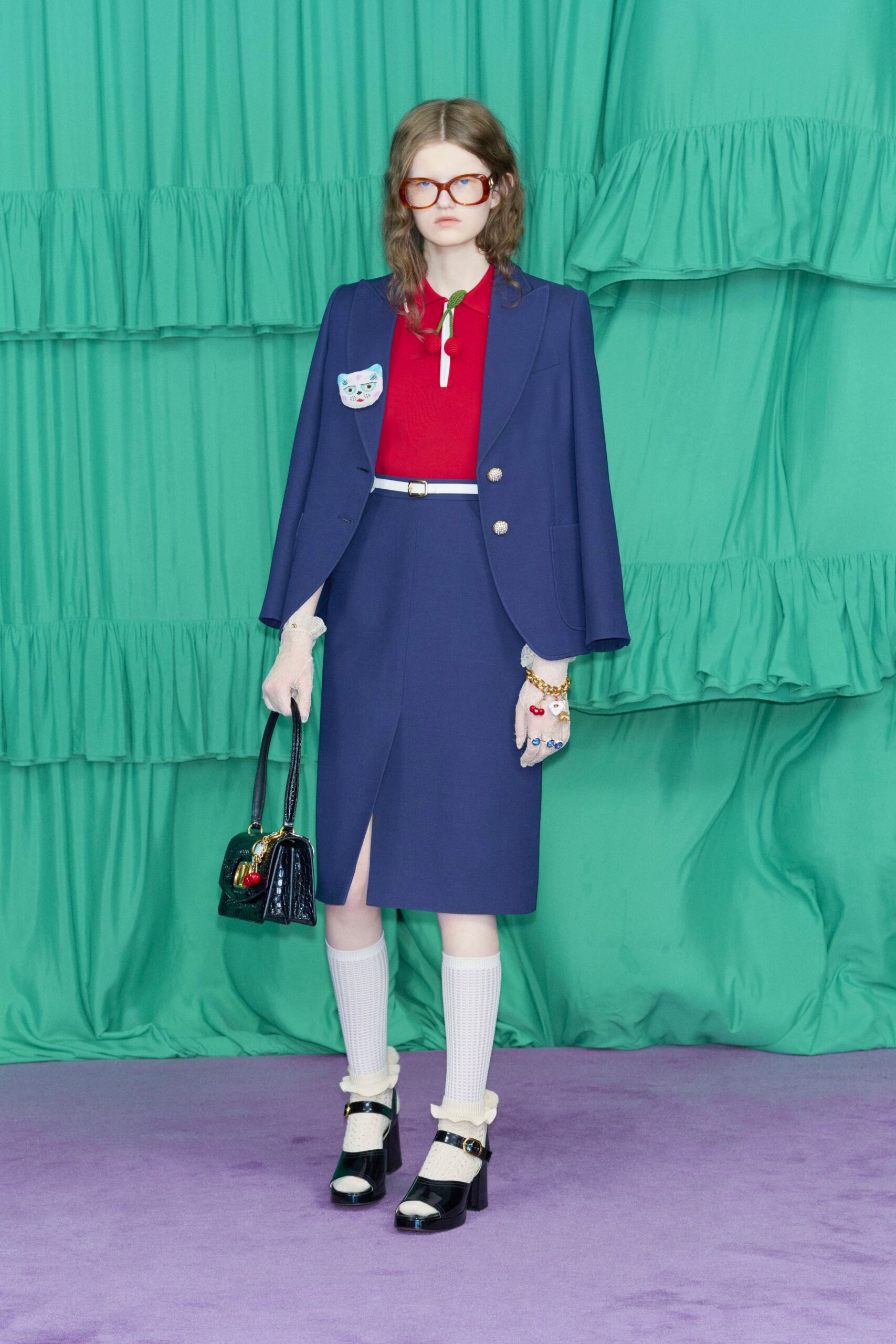 blue long-sleeve collared structured buttoned blazer