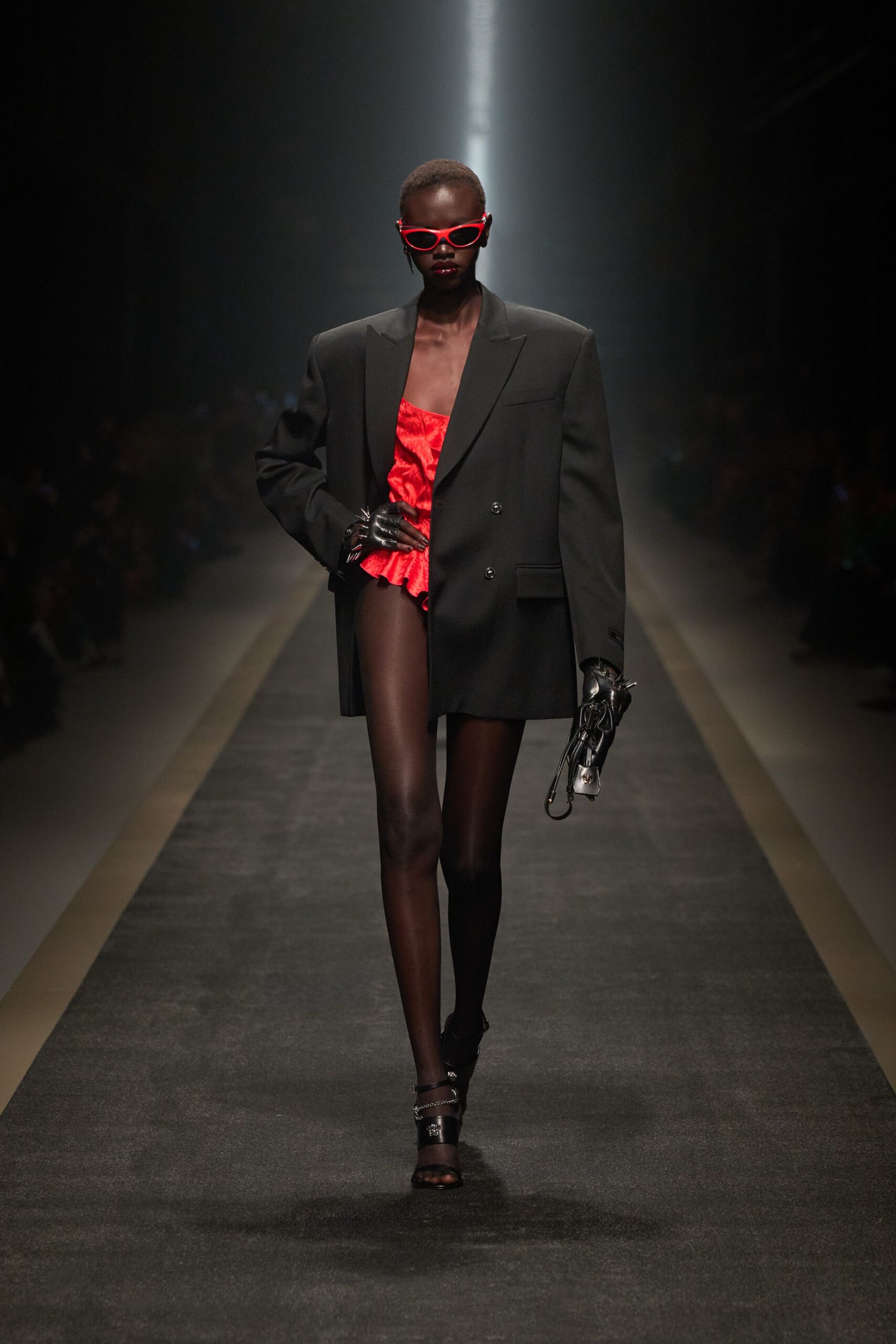 black oversized blazer red top