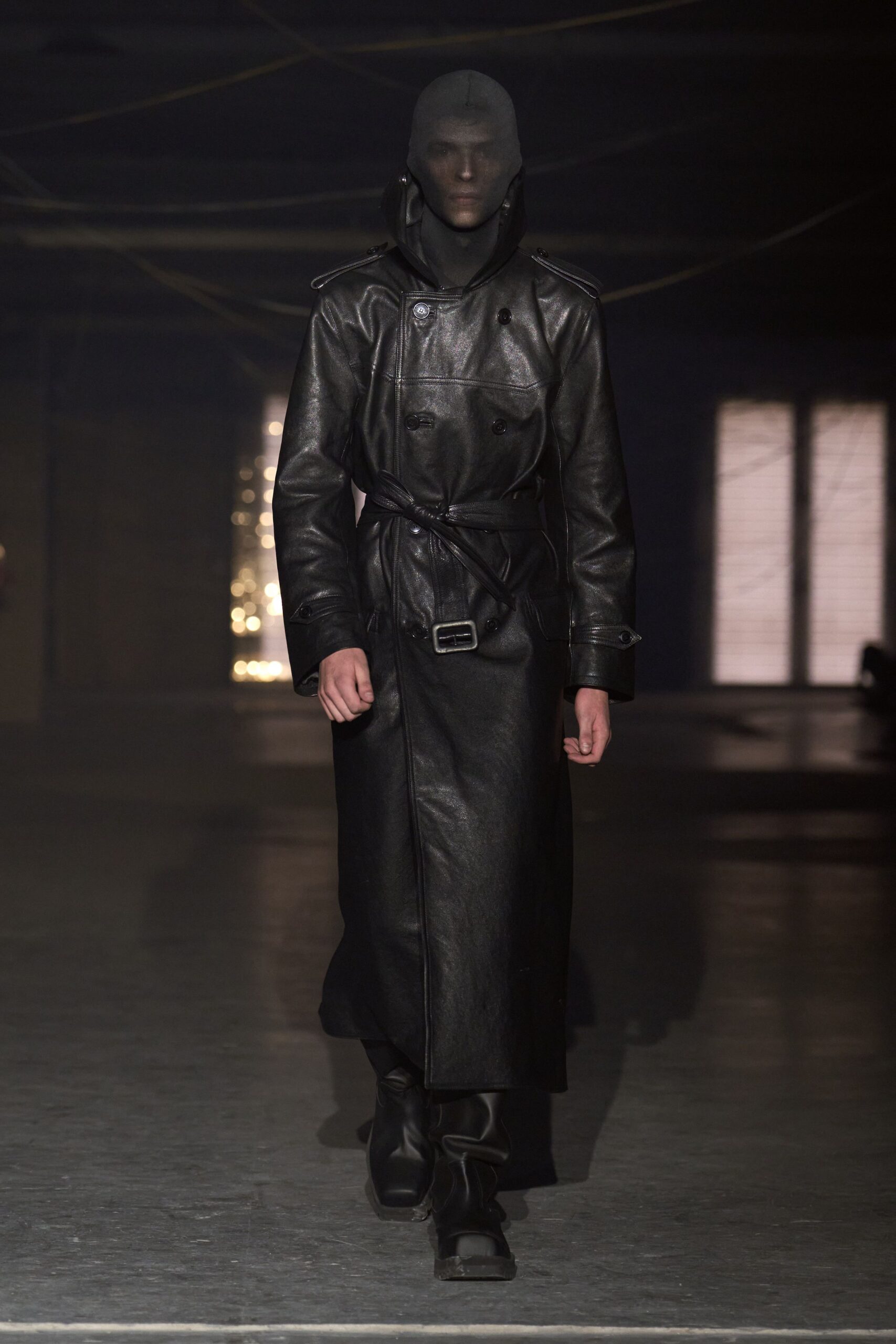 black leather long-sleeve collared fitted belted maxi coat