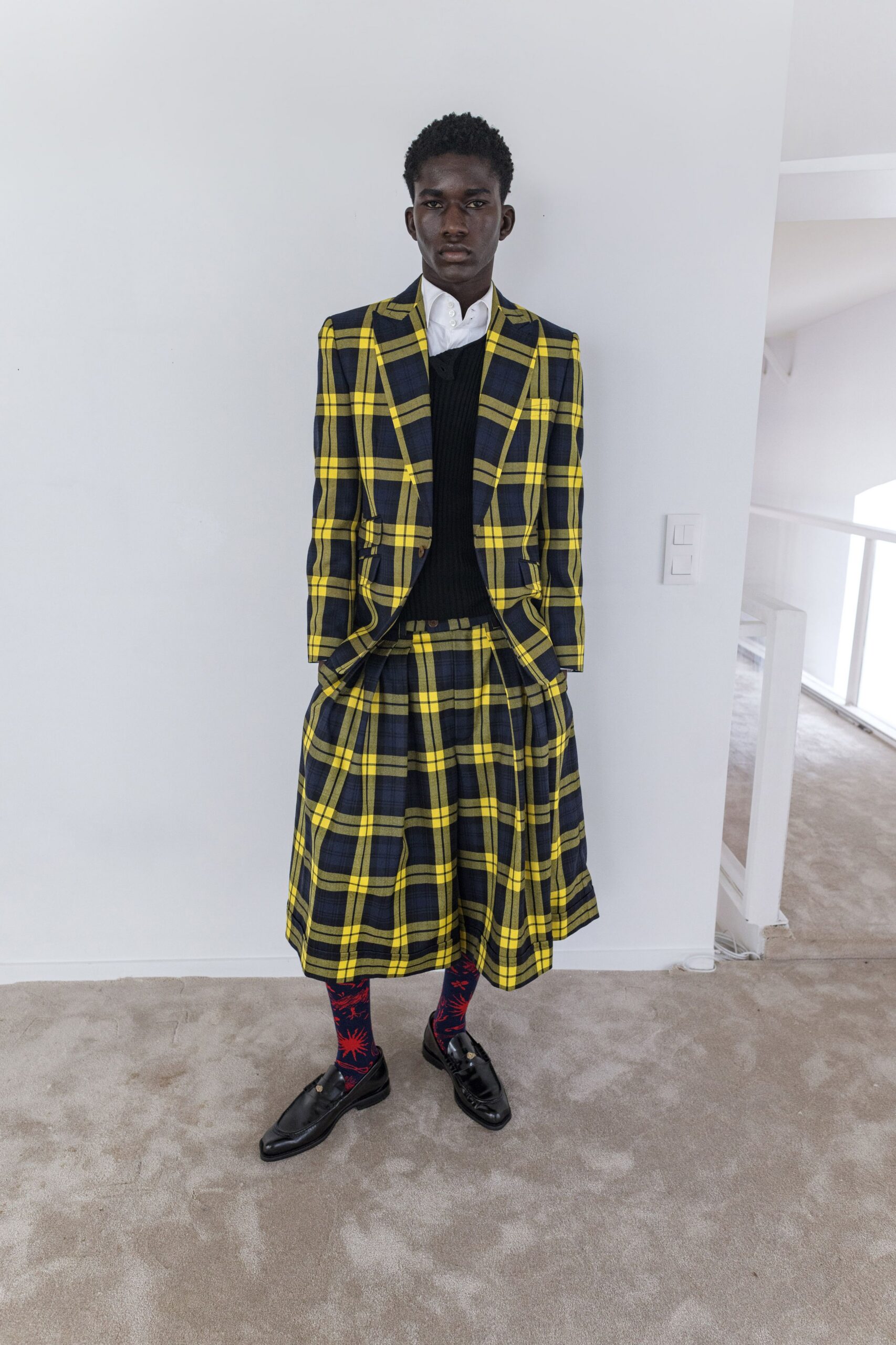 yellow long-sleeve collared structured checked suit