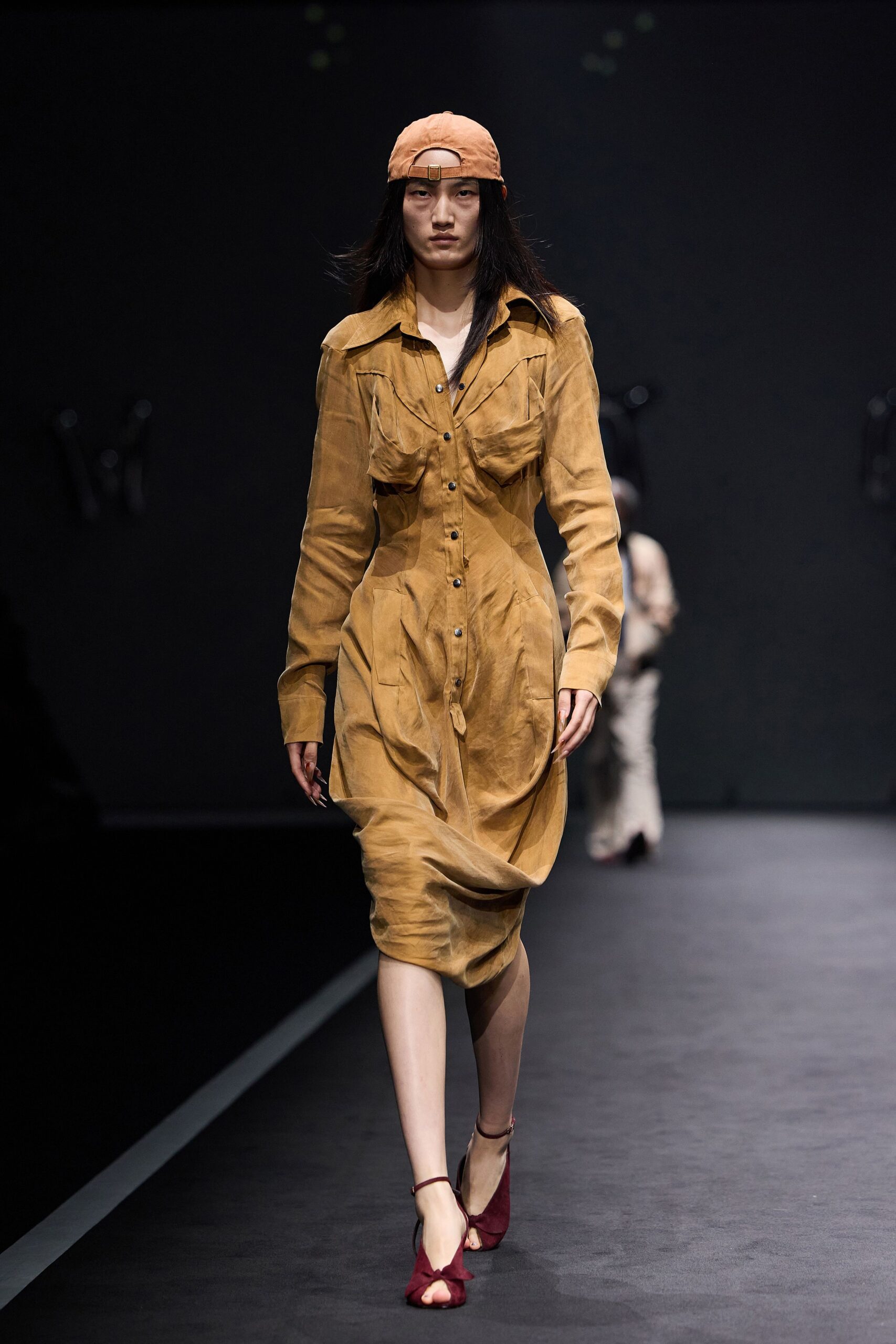 brown suede long-sleeve collared fitted buttoned pleated dress