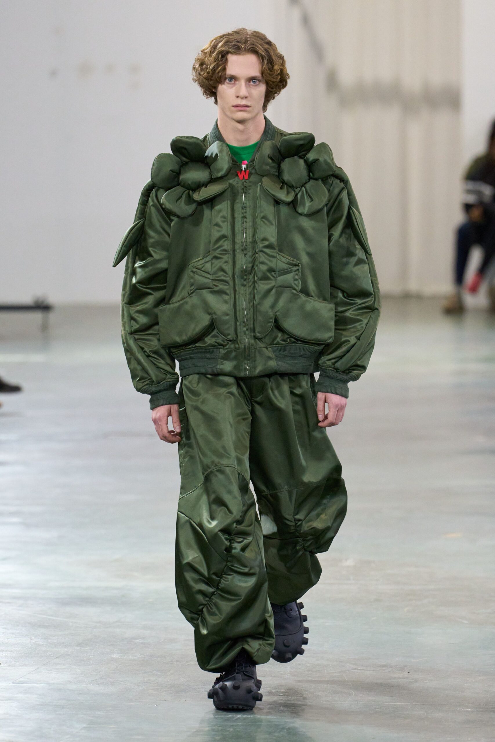 oversized green jacket and relaxed pants