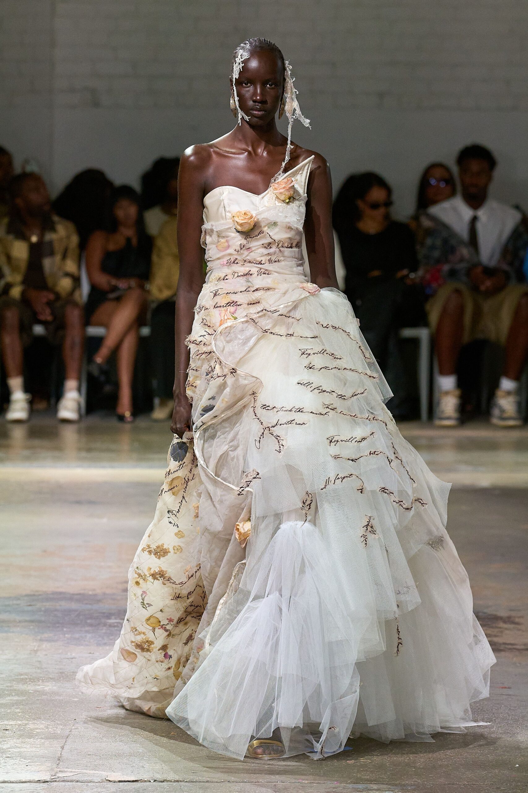 white beige asymmetric layered gown