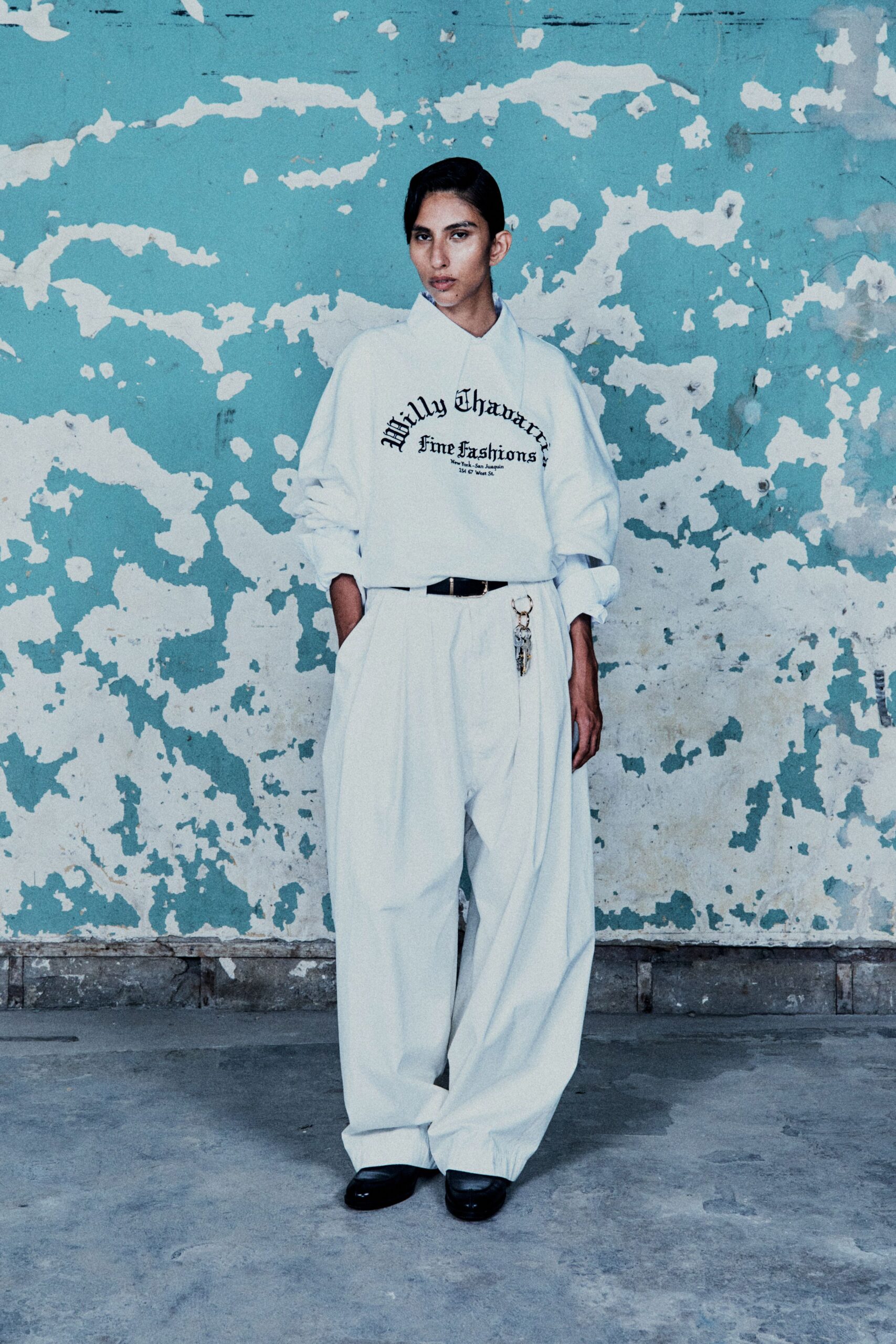 white cotton long-sleeve collared relaxed printed sweater