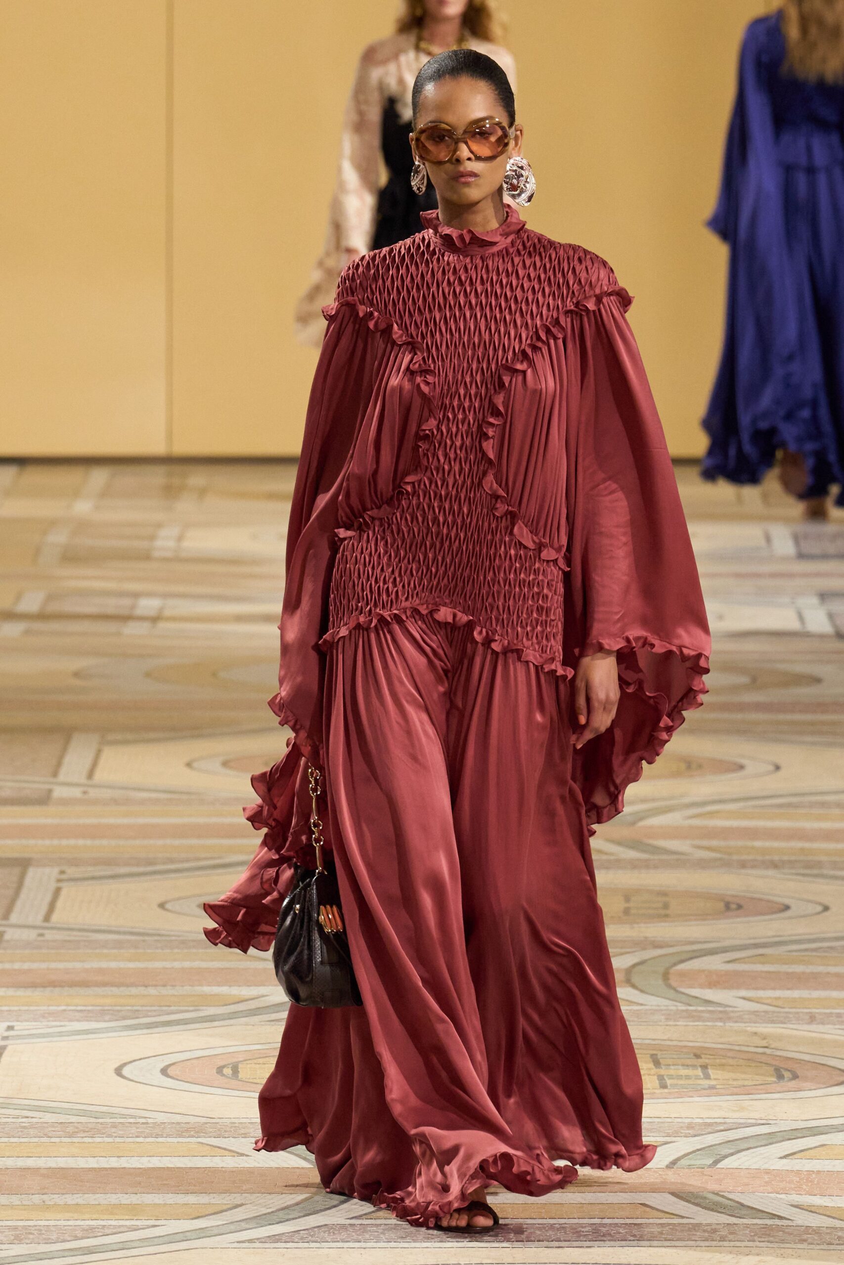 red silk long-sleeve high-neck fitted ruffled draped dress