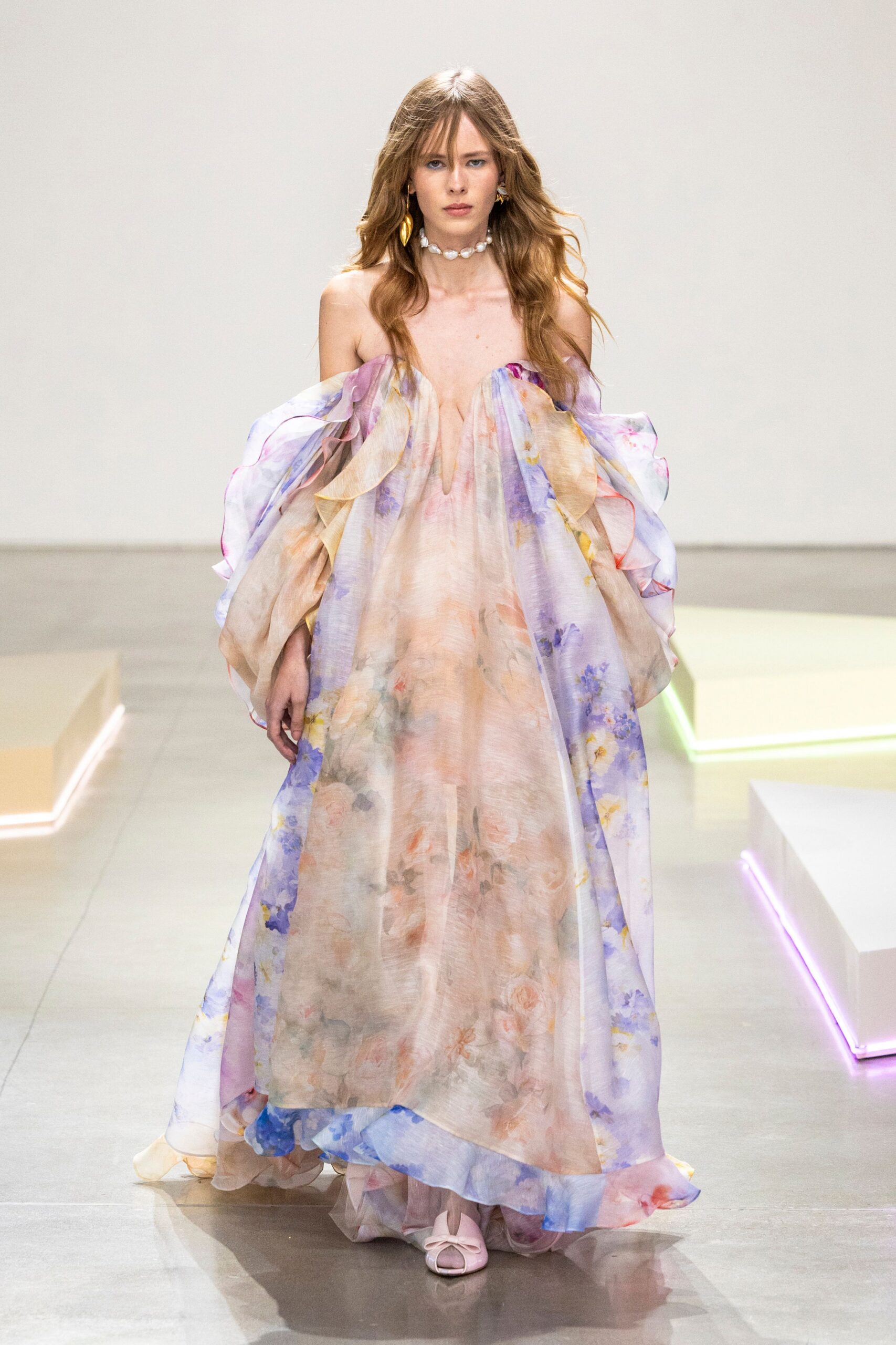 multi chiffon off-shoulder relaxed flared layered flowing gown