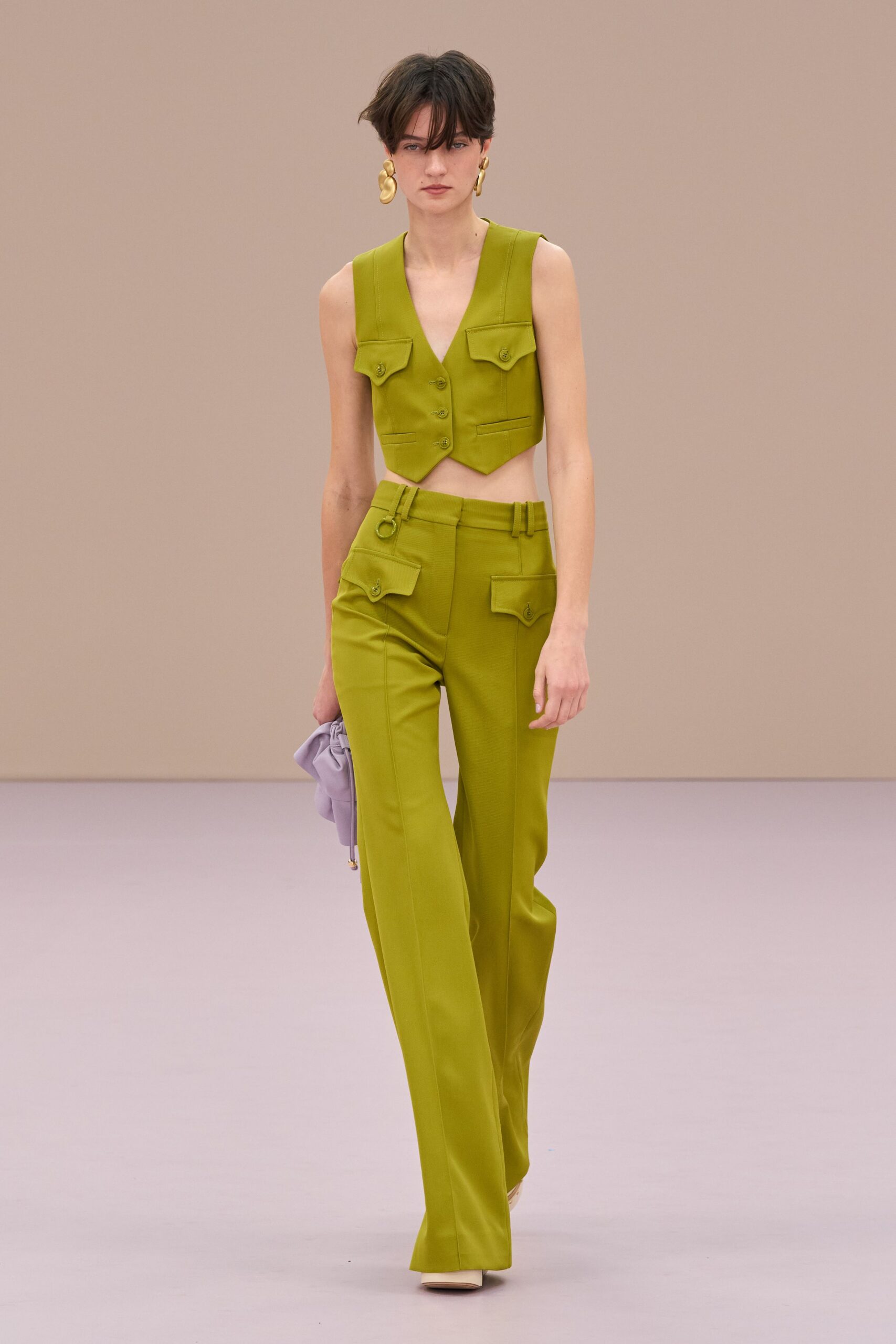 green cotton long-sleeve tailored straight-leg pockets pants