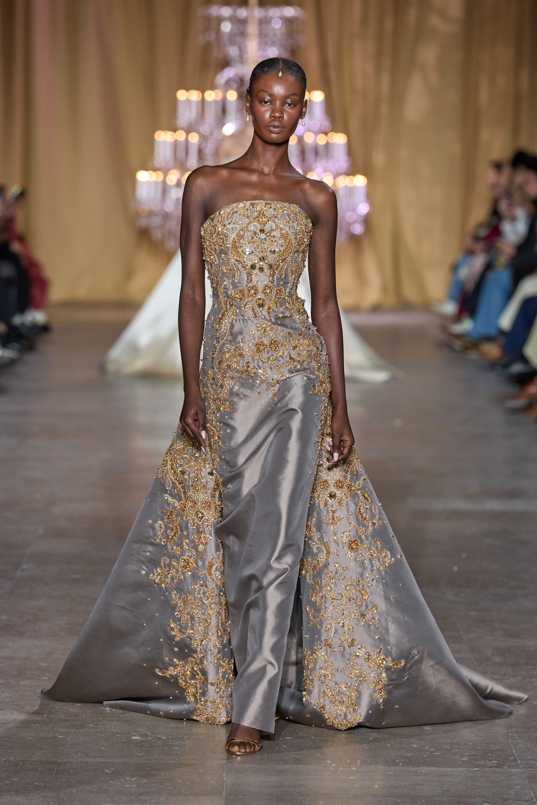 gray silk strapless embellished gown