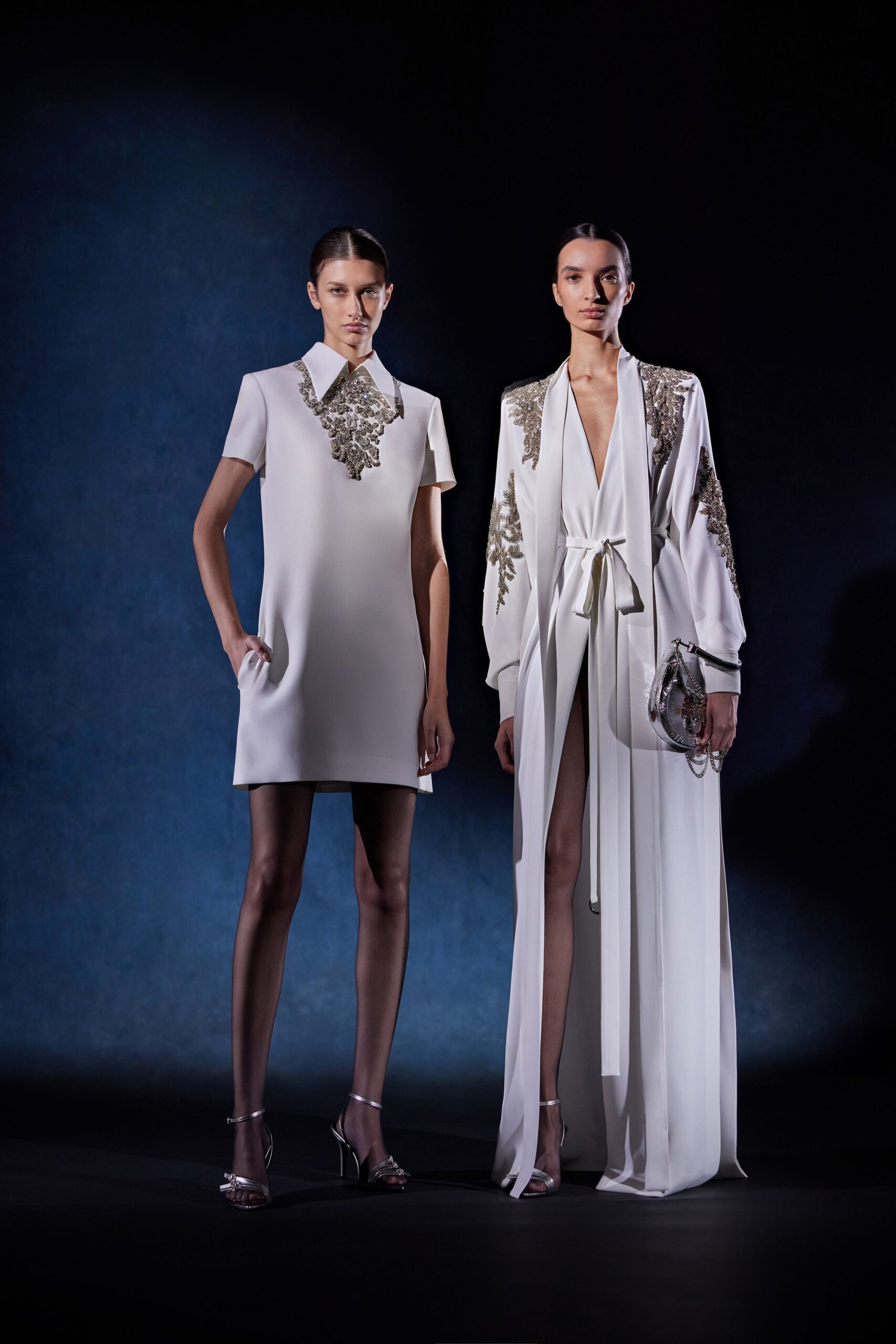 white silk short-sleeve collared fitted embroidered short dress