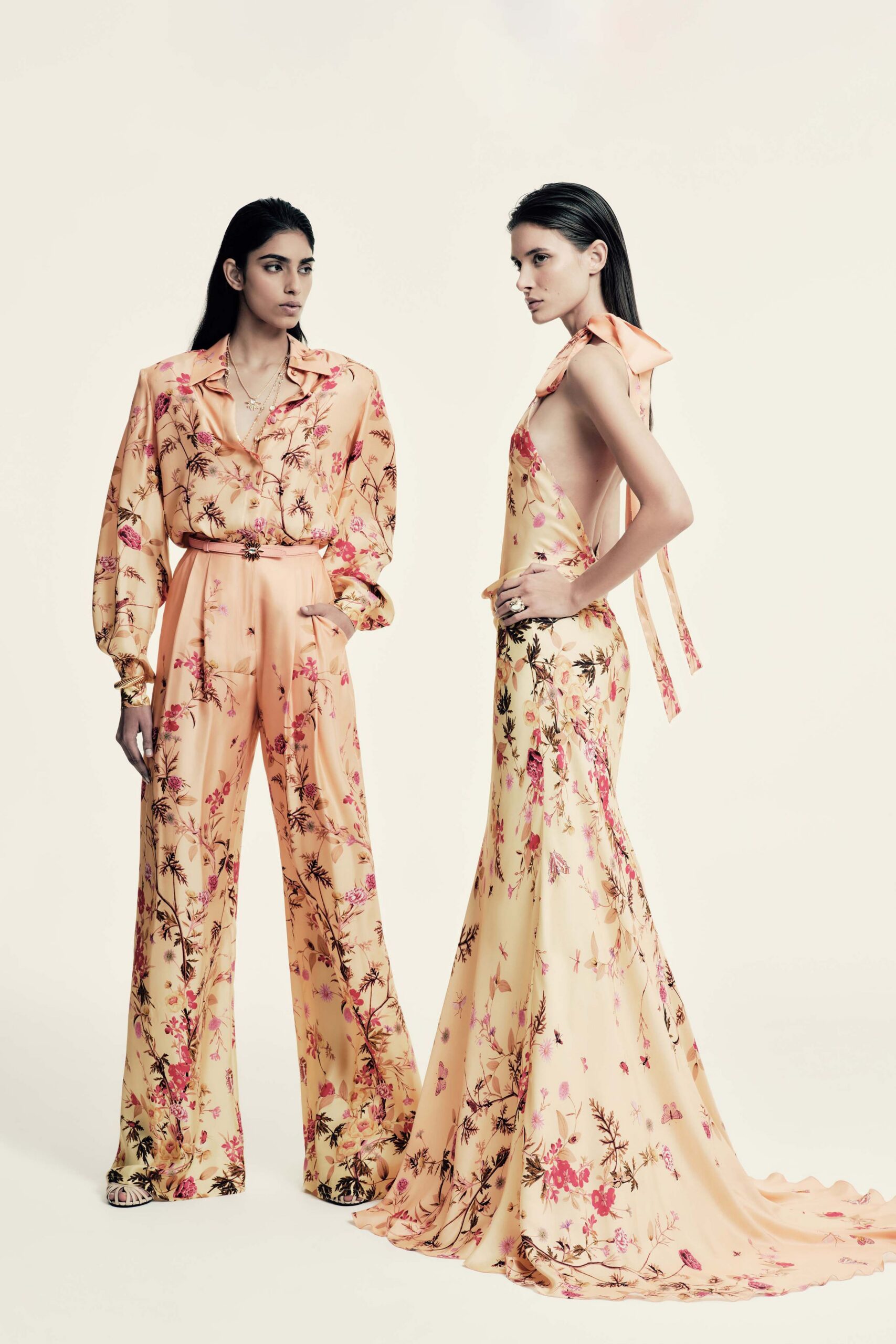 yellow silk sleeveless backless fitted floral tiered gown