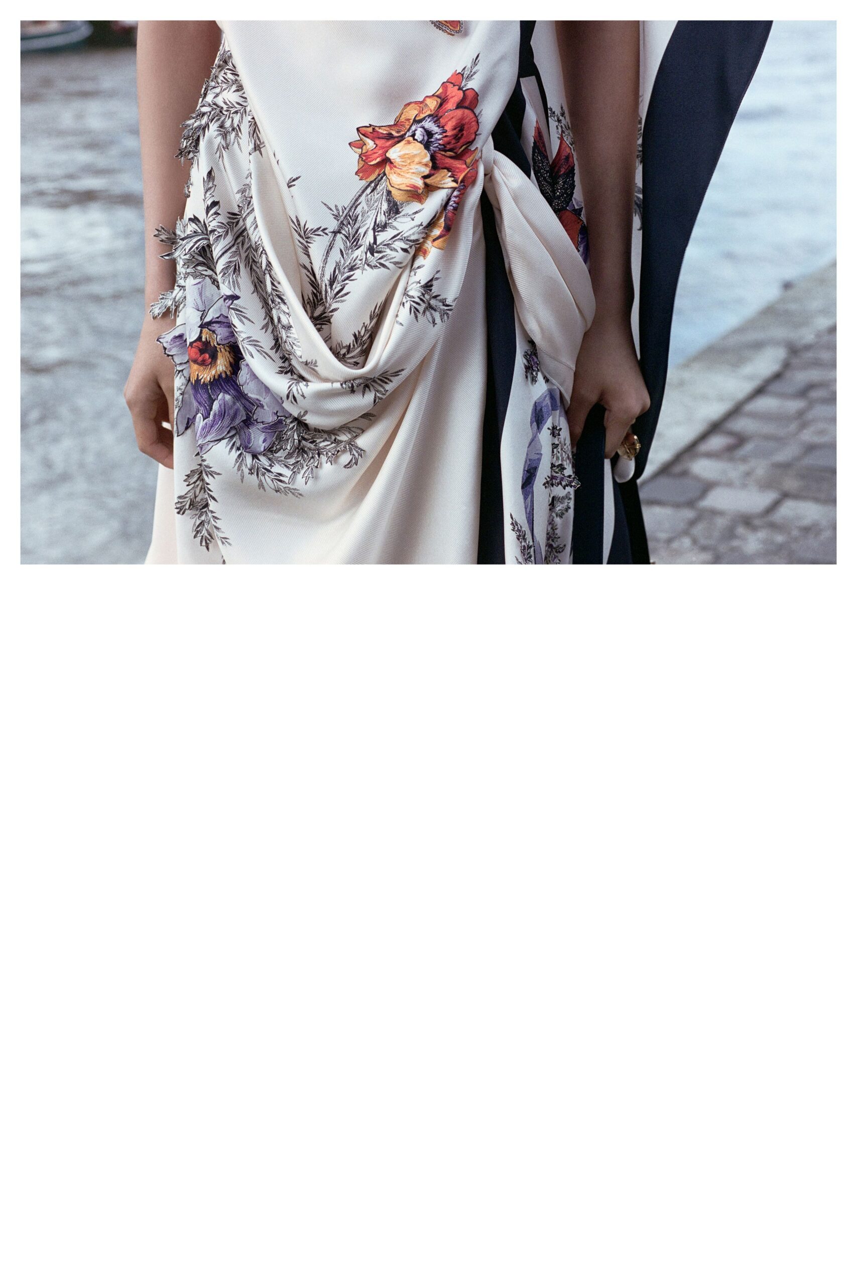 ivory floral draped midi dress