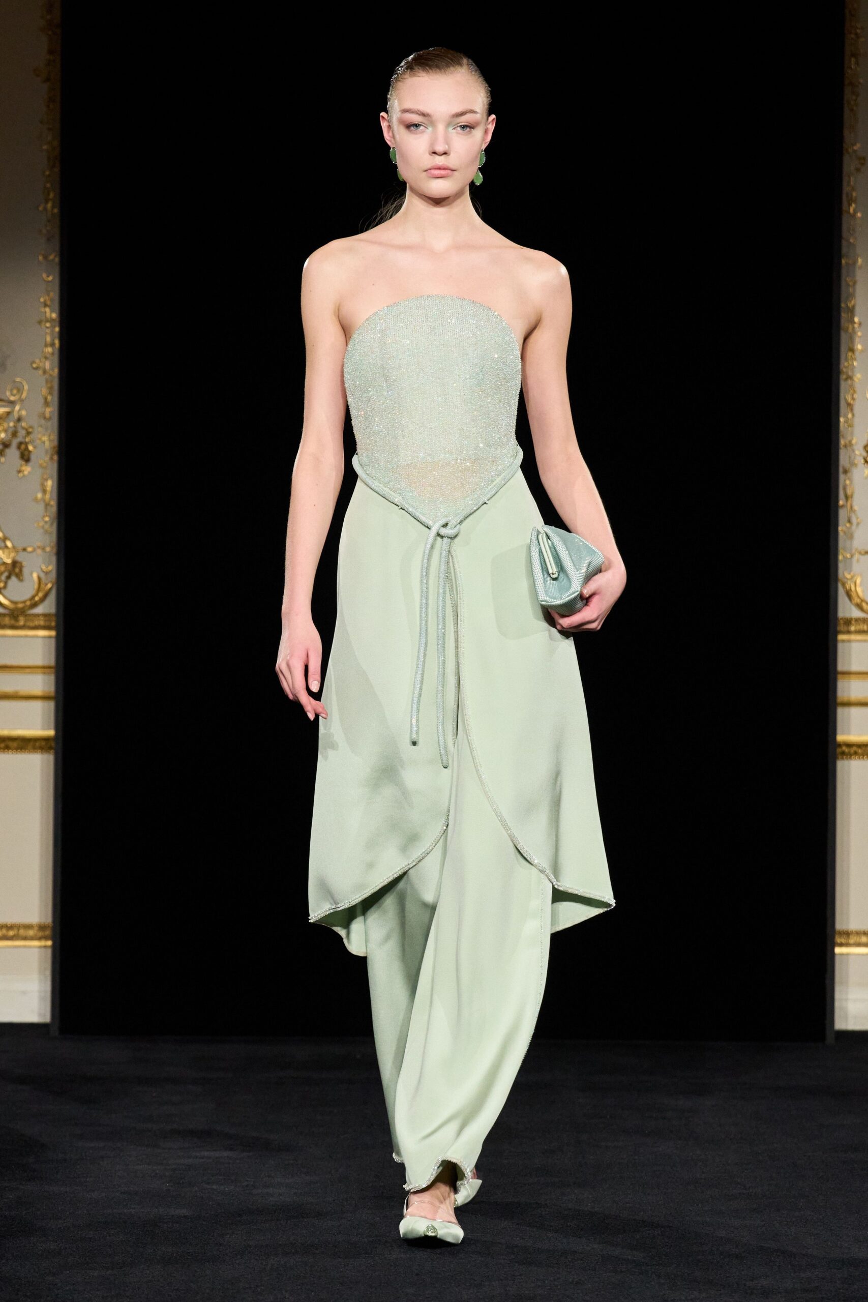 green silk strapless fitted draped flowing maxi gown