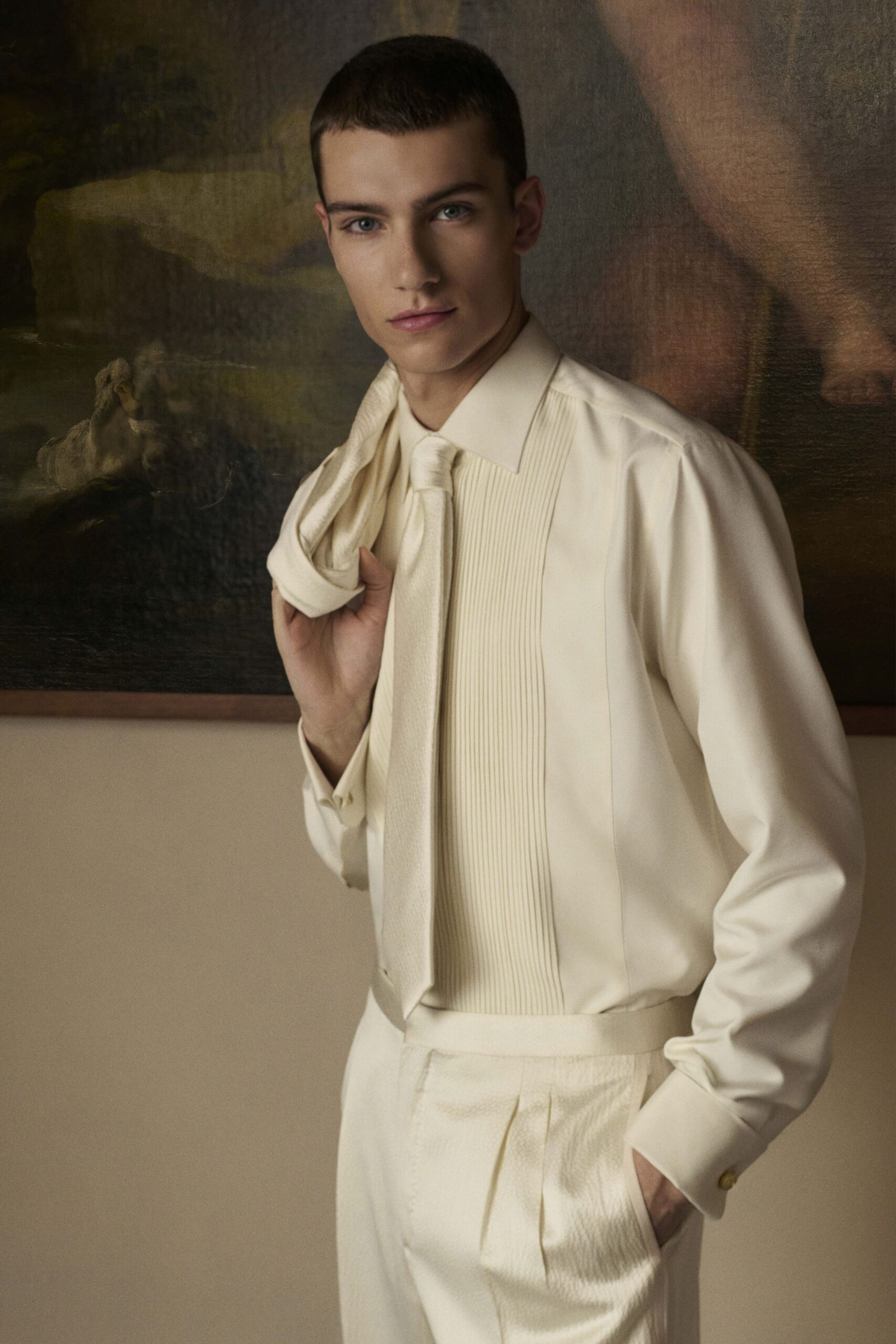 ivory cotton fitted straight-leg pants