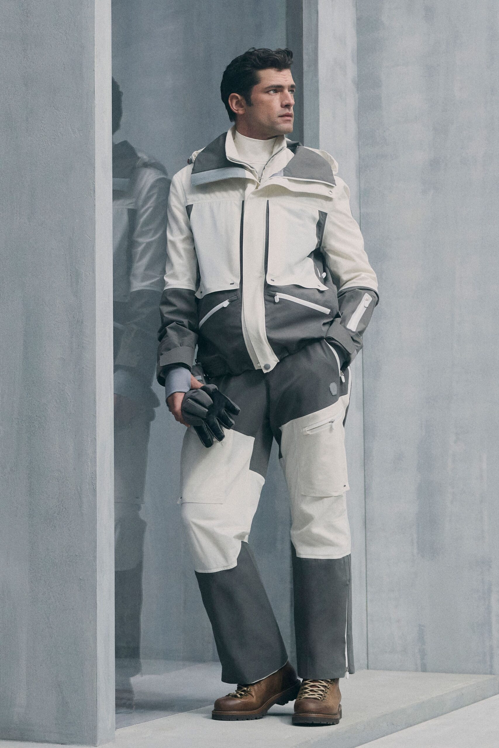 fitted white and gray jacket with pants