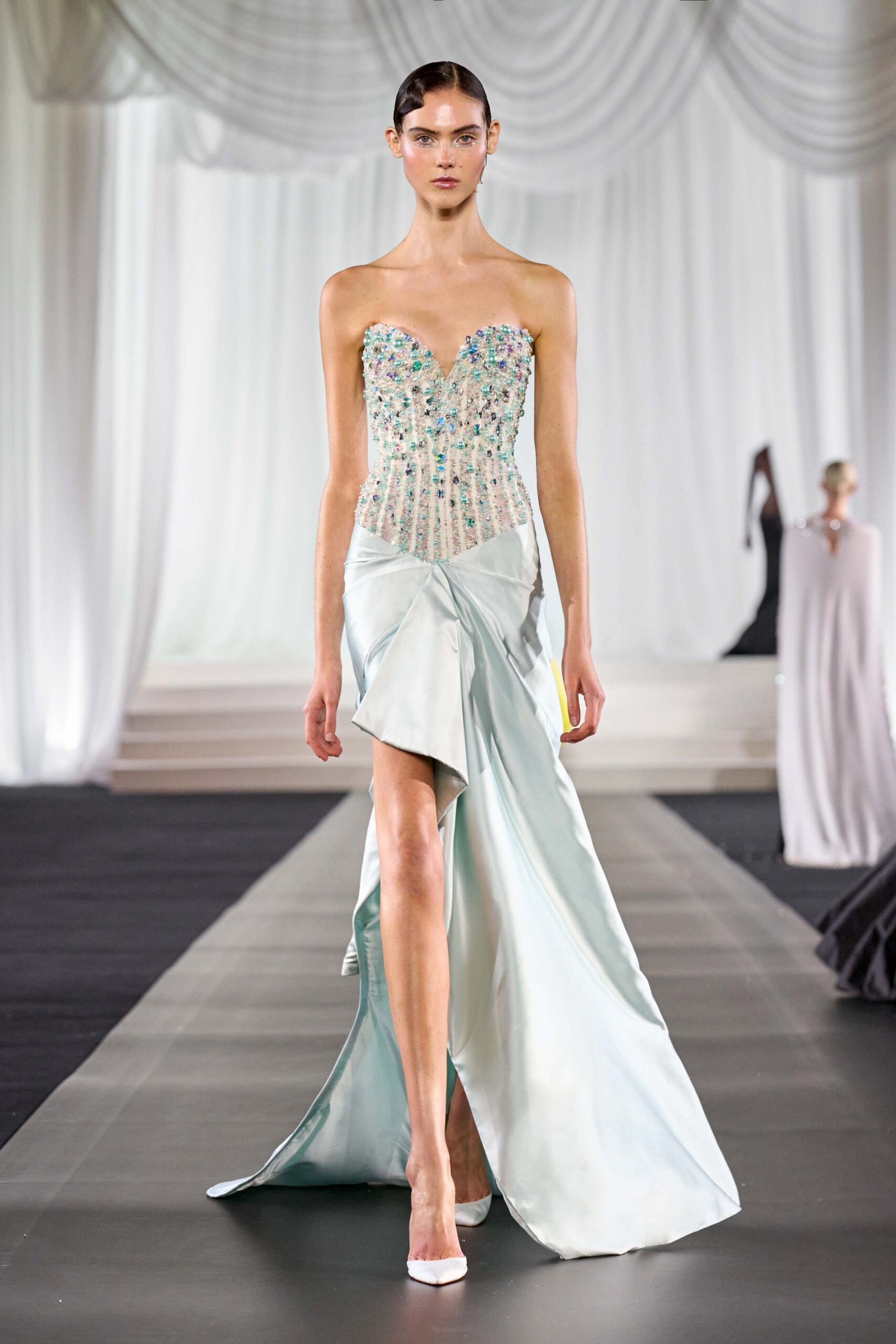 blue silk strapless v-neck fitted beaded draped gown