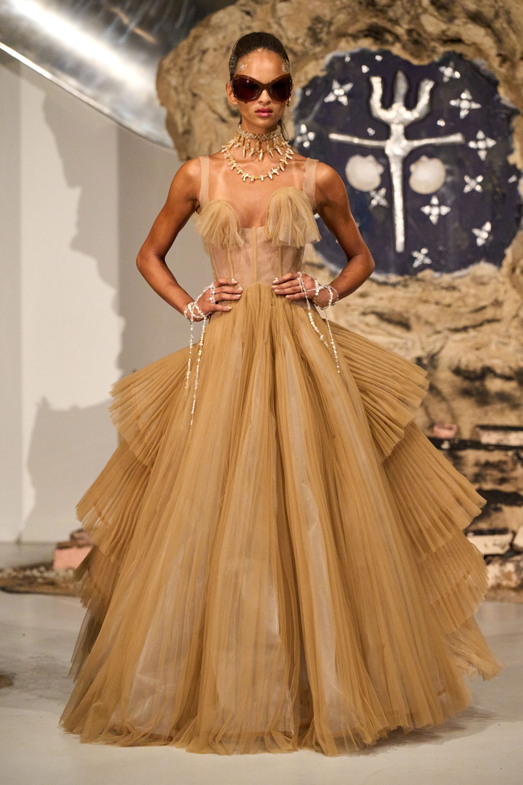 beige pleated tulle gown