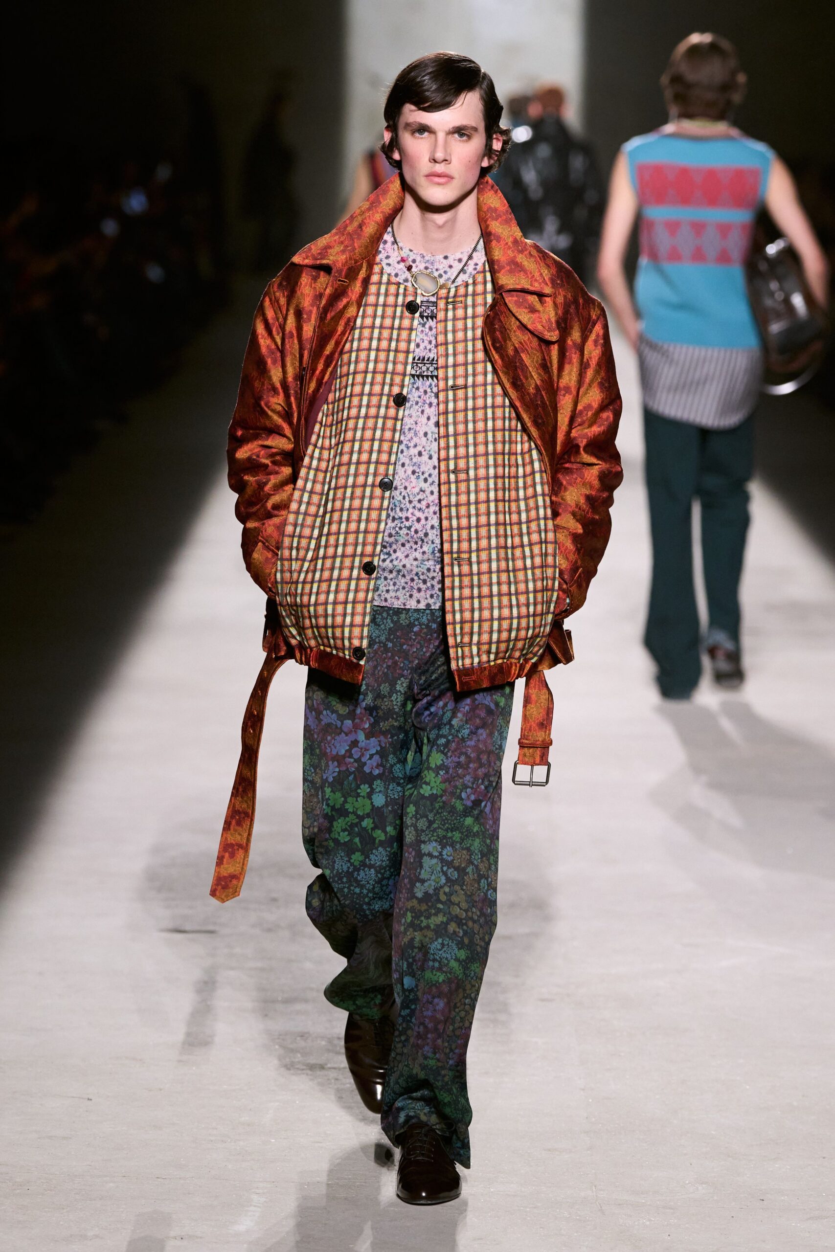 orange silk long-sleeve collared relaxed zippered layered jacket
