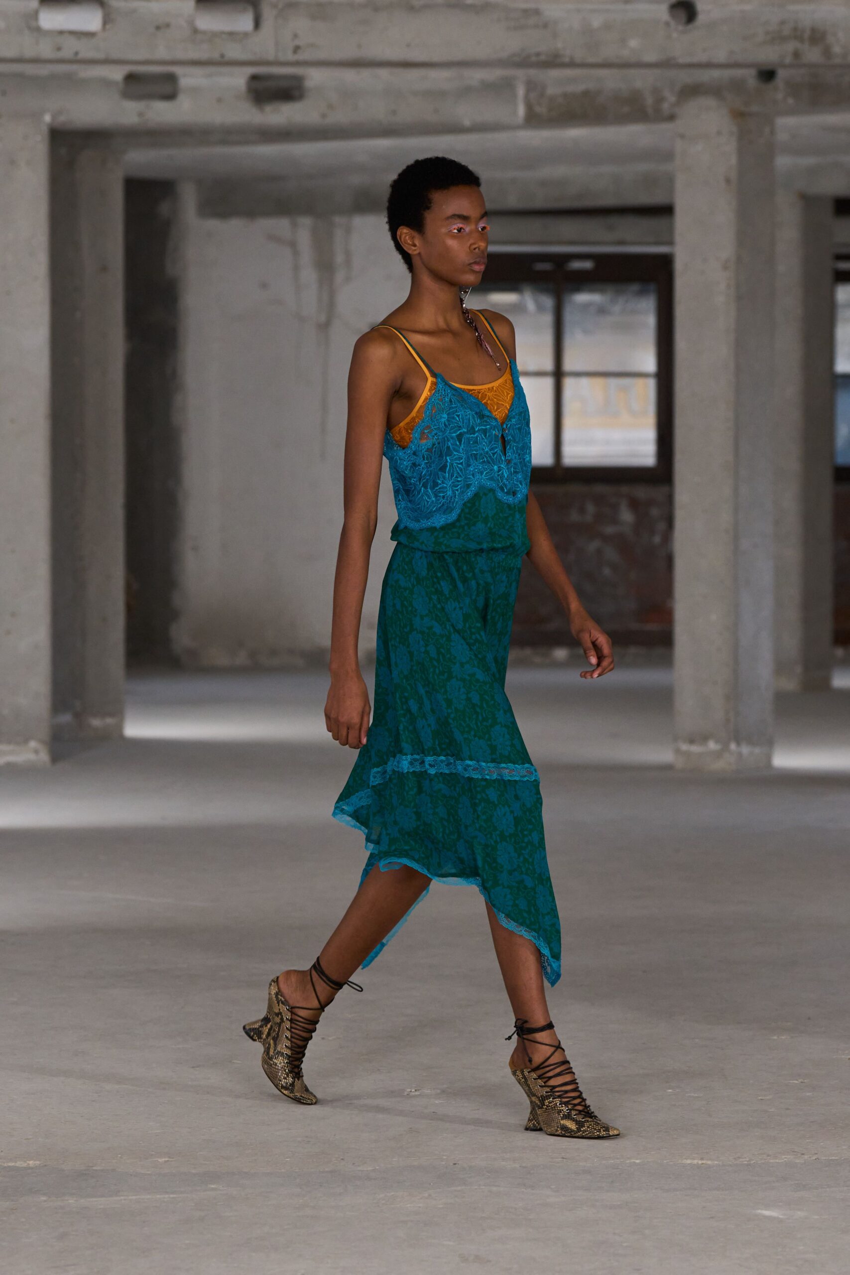 green silk asymmetric fitted flared midi skirt