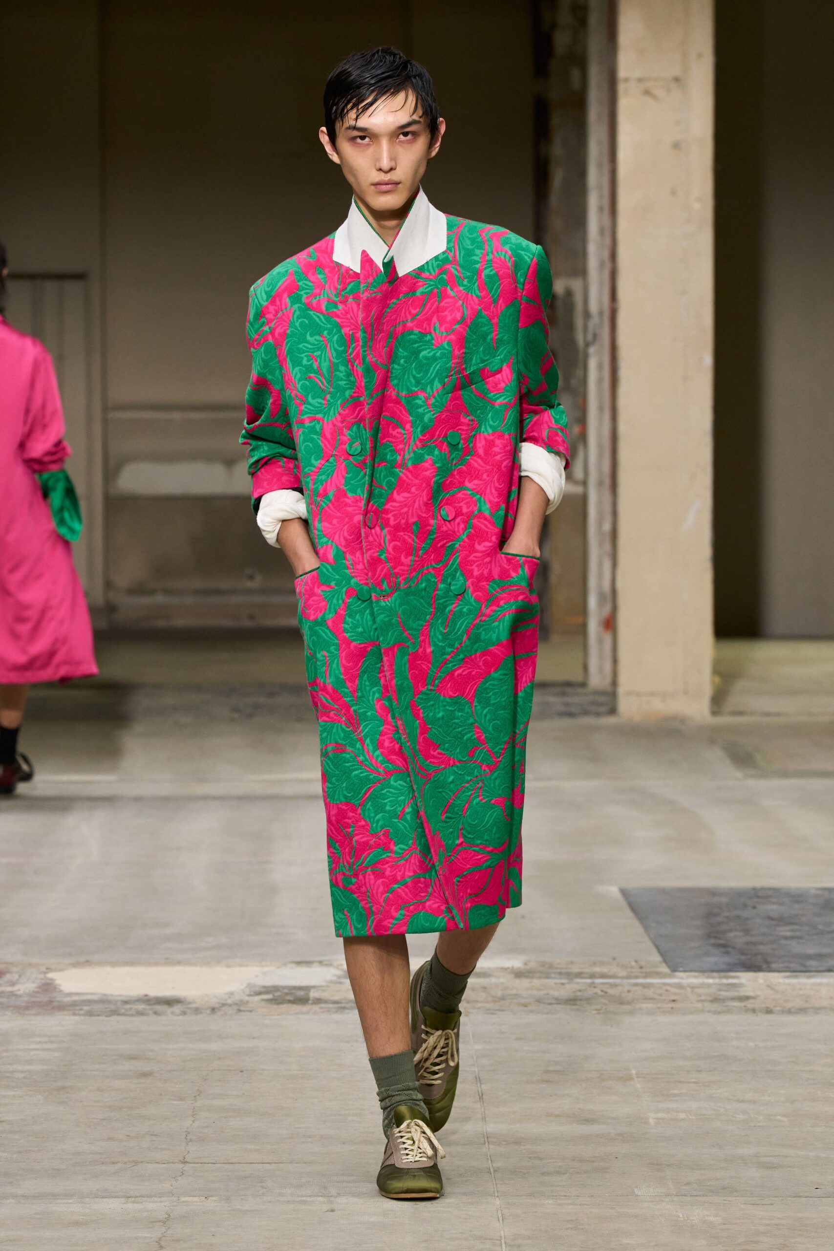 pink long-sleeve collared relaxed printed midi dress