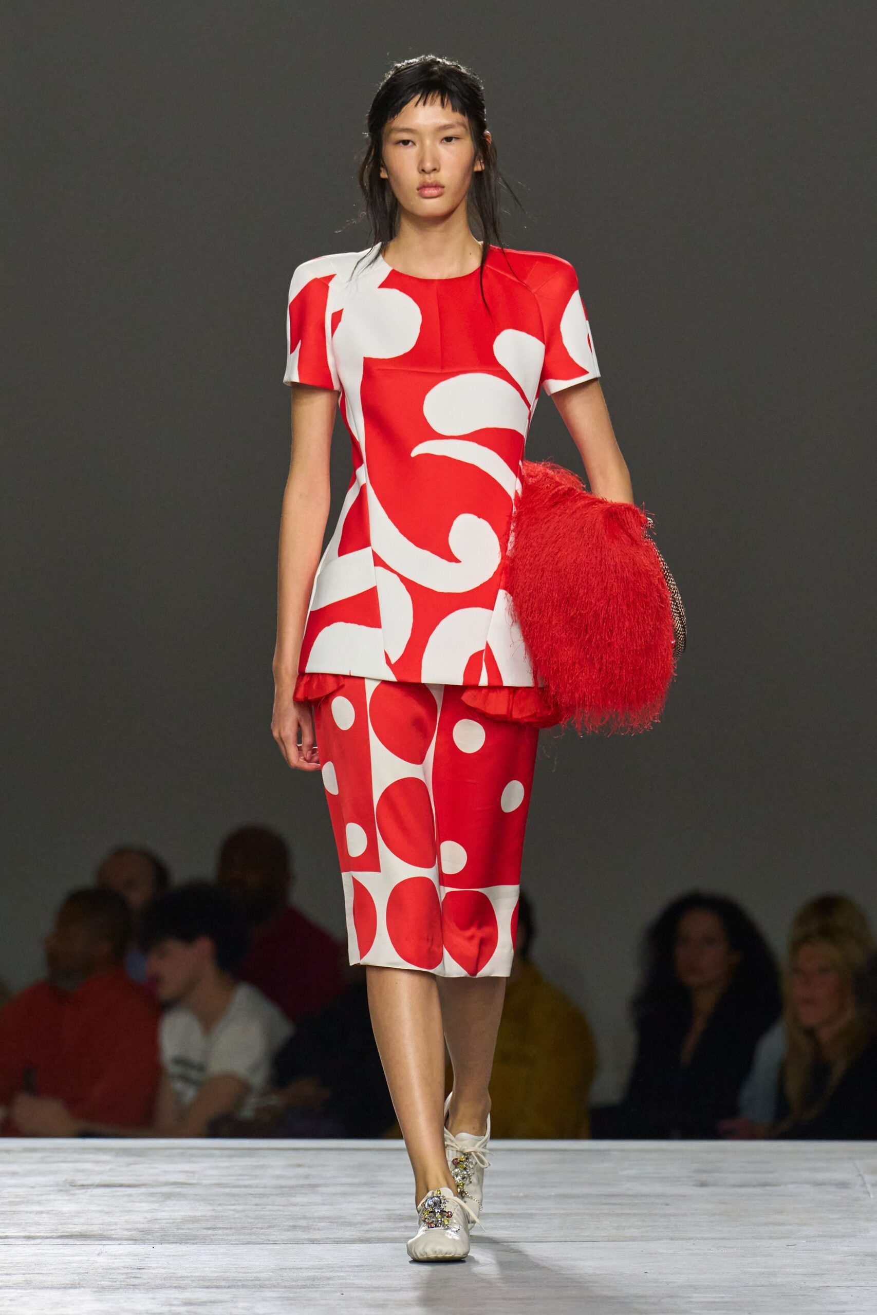 red and white printed top and skirt