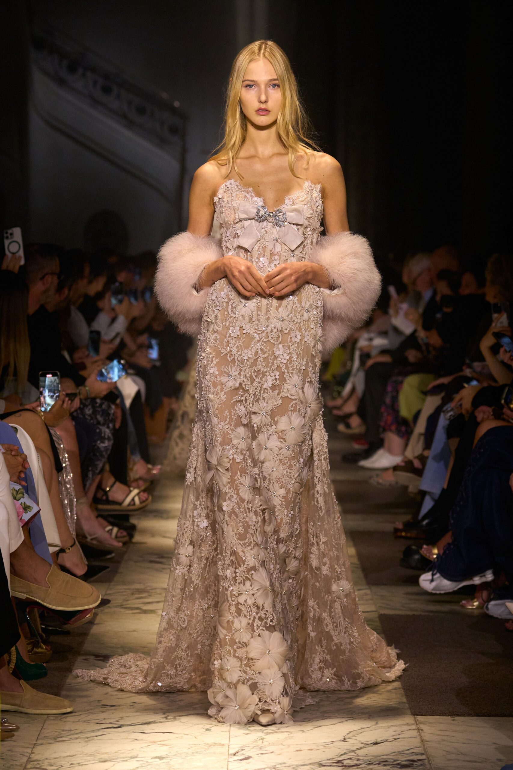 beige lace gown with pink wrap