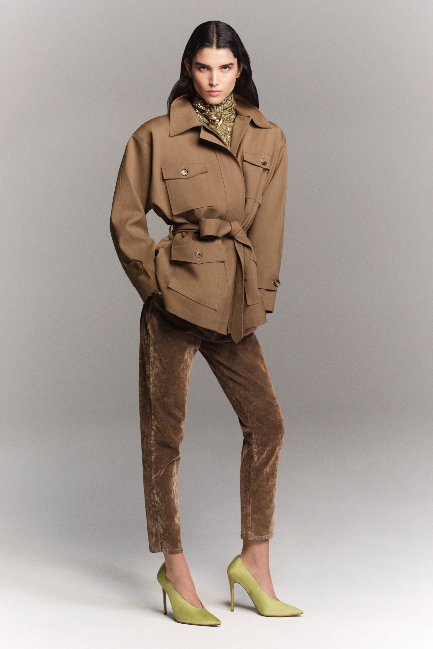 brown cotton long-sleeve collared structured belted jacket