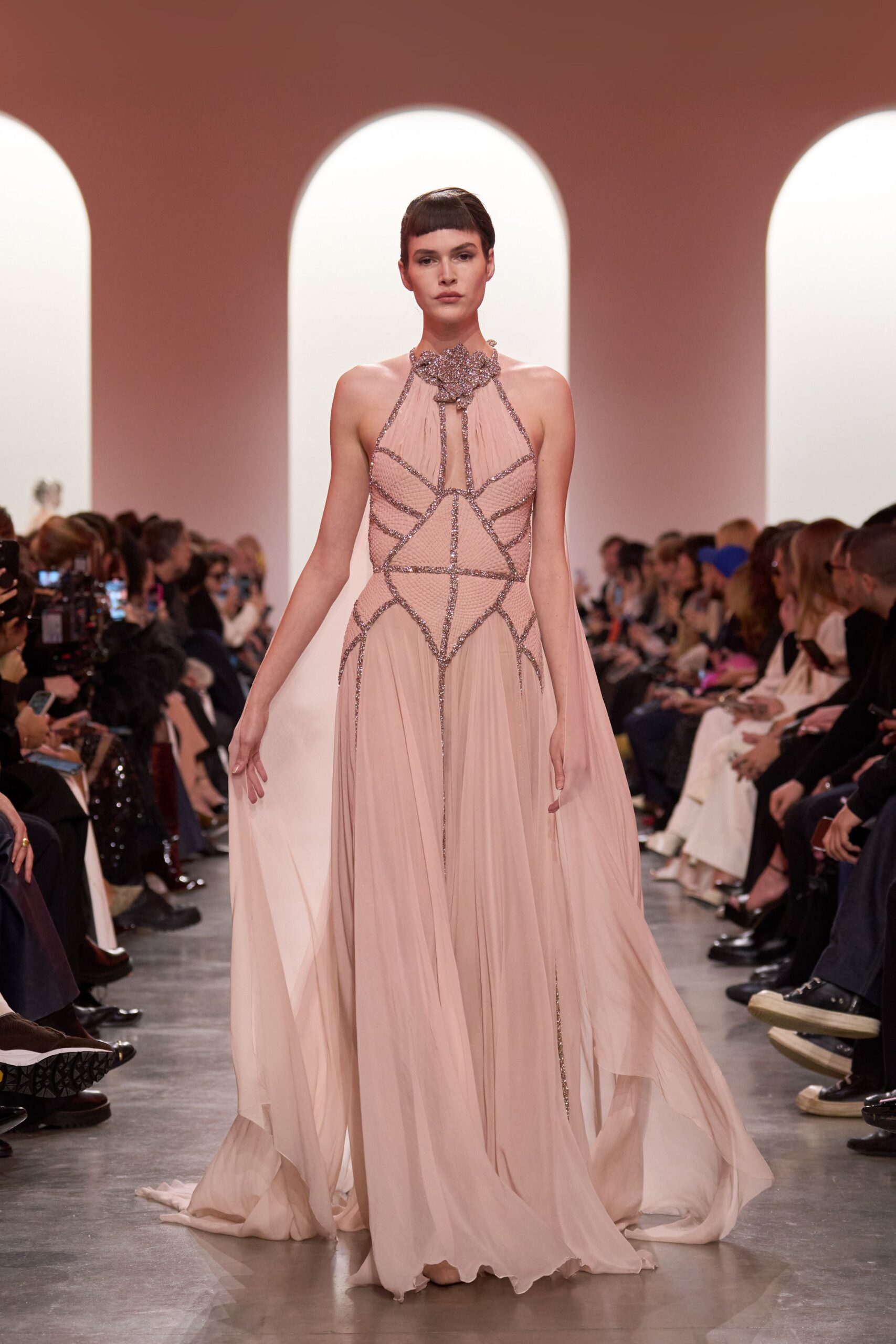 beige silk fitted gown