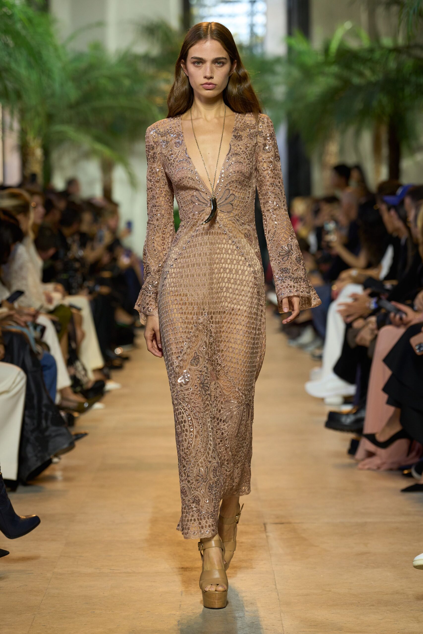 beige lace long-sleeve v-neck fitted embroidered sheer dress