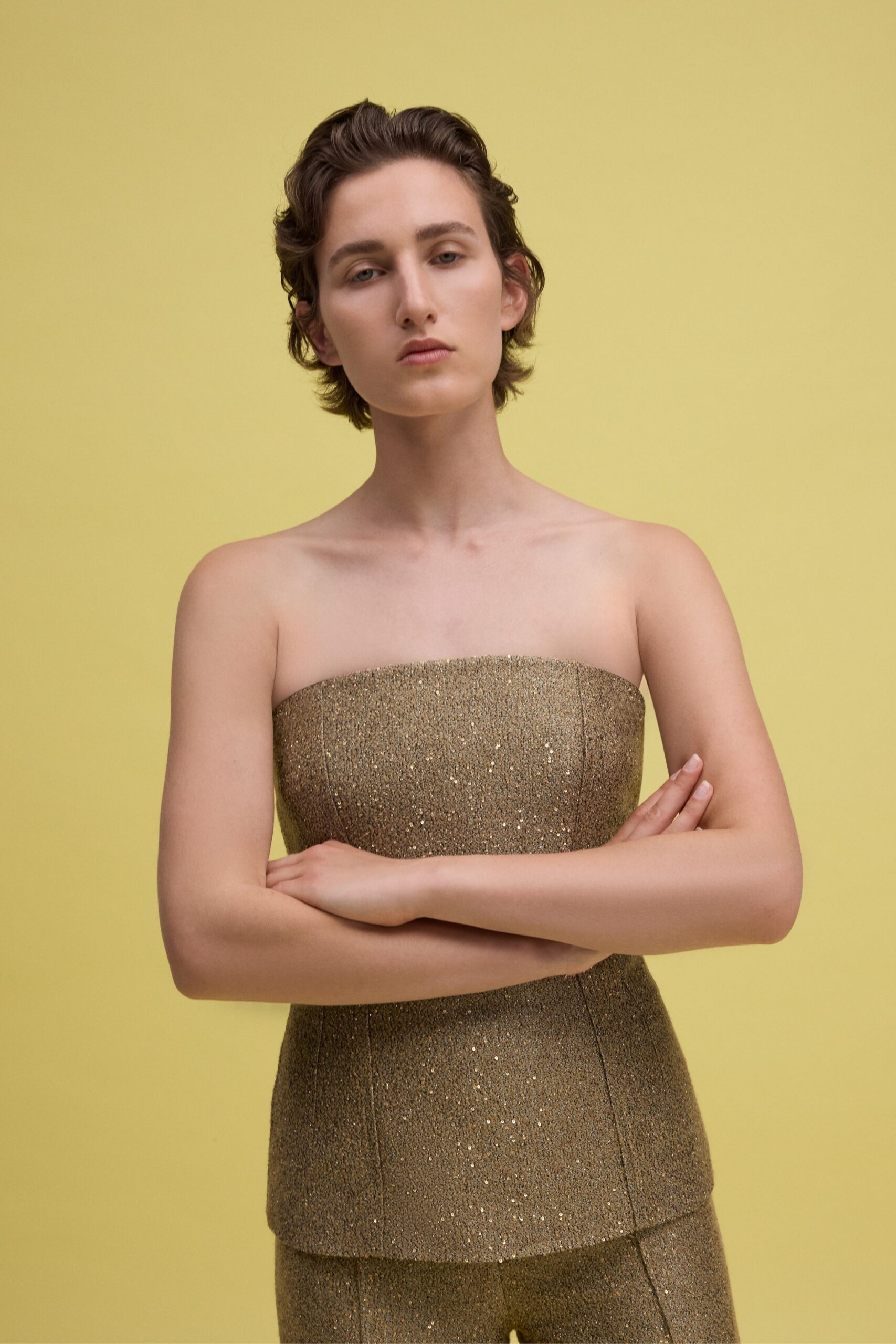 gold metallic strapless fitted embellished shiny top