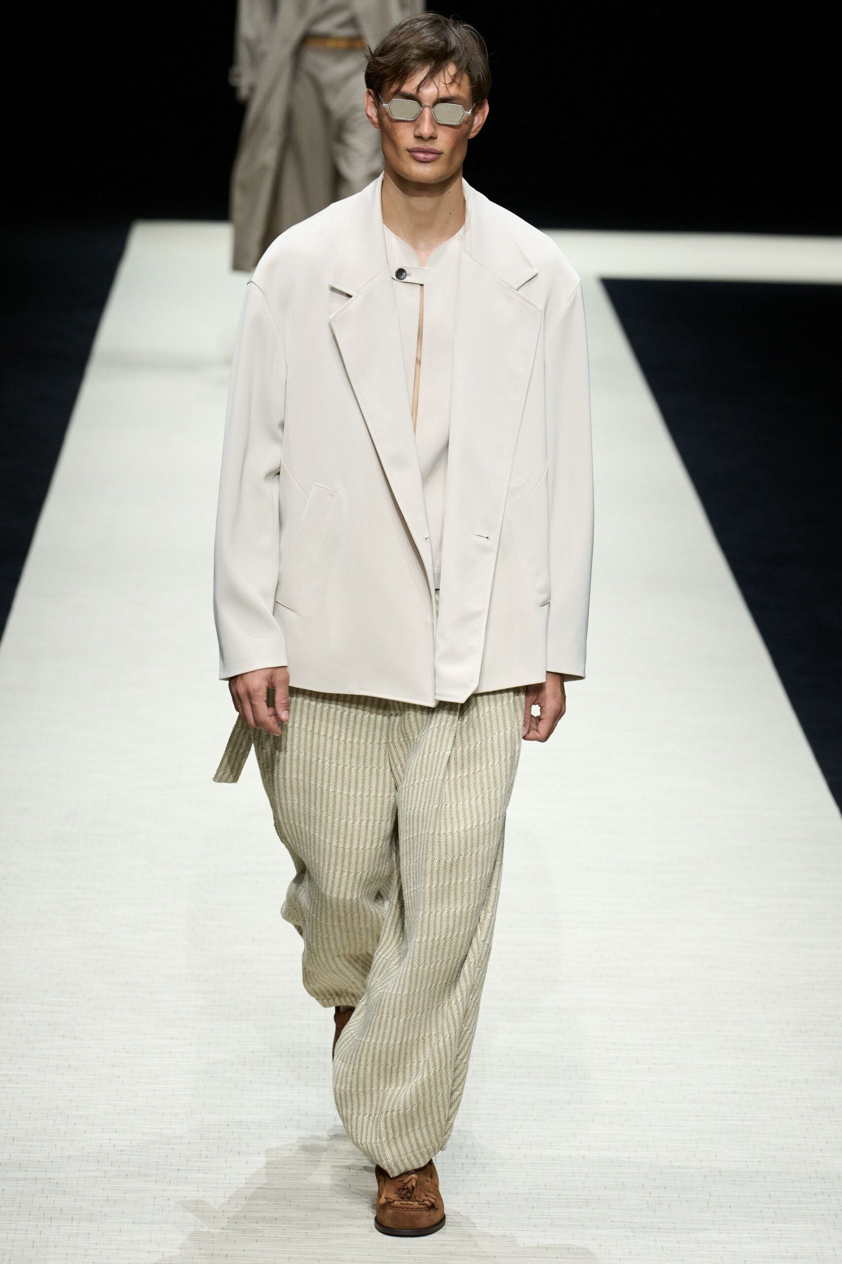 white relaxed jacket beige shirt