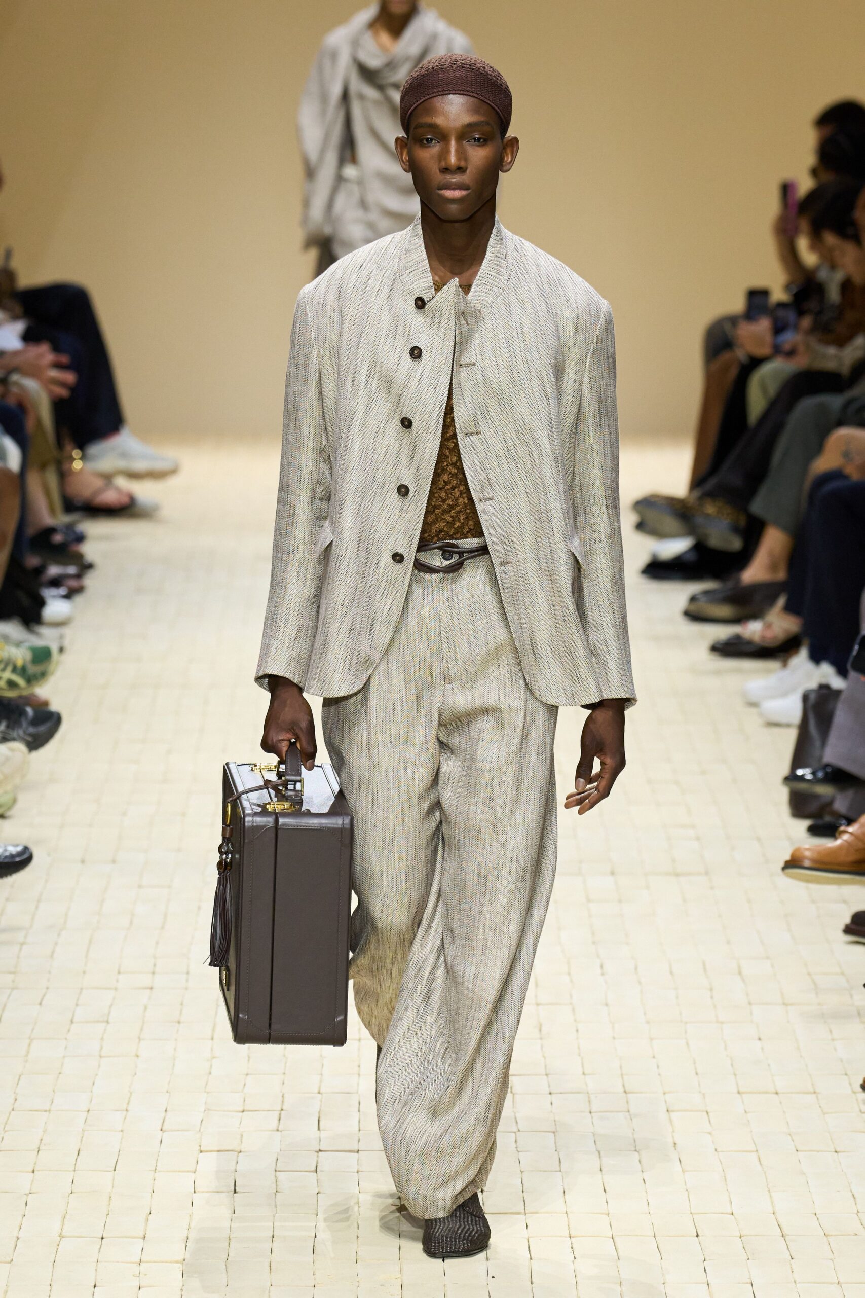 beige linen long-sleeve collared tailored buttoned straight-leg suit